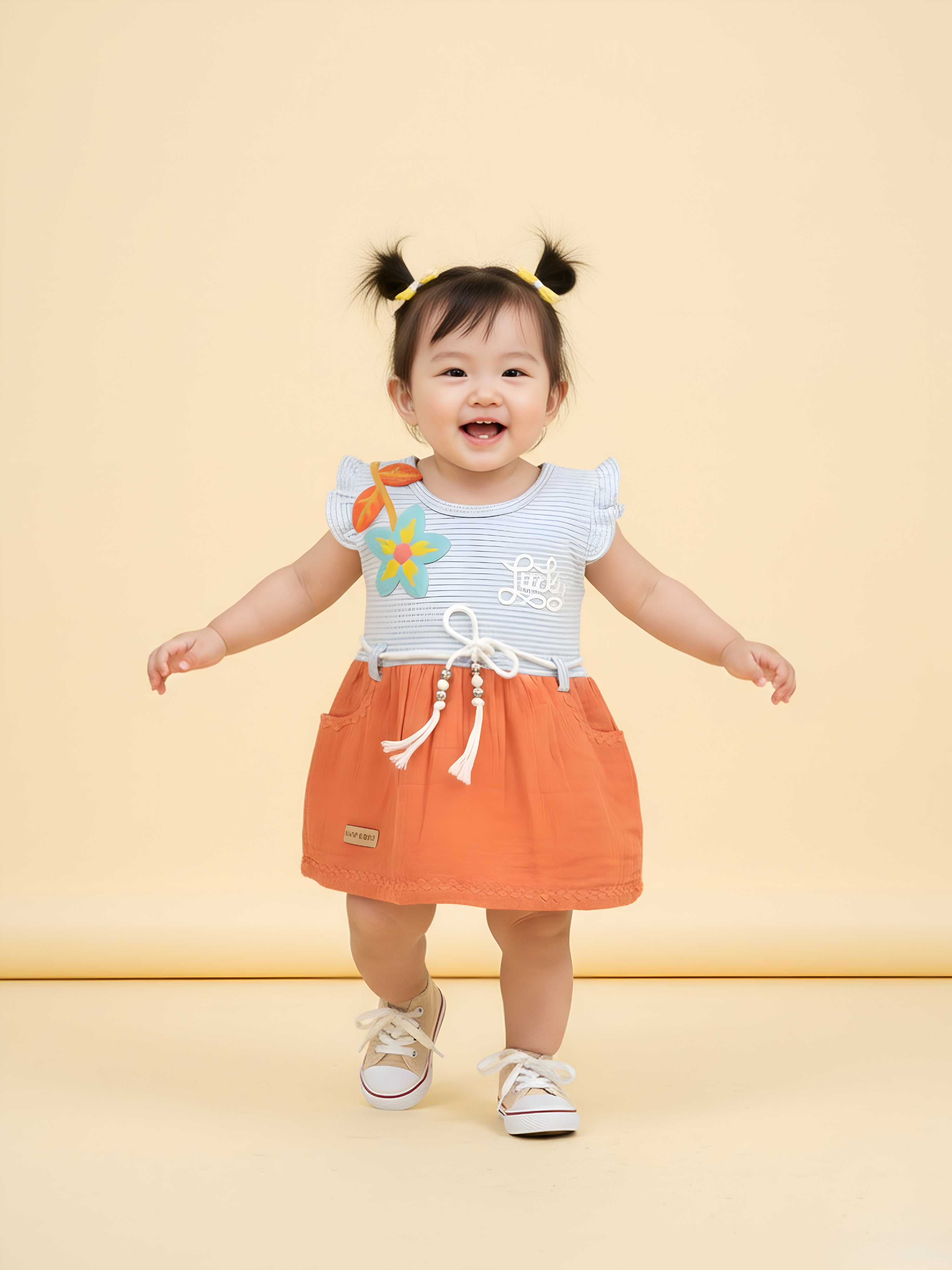 KIKO Infant Girls Striped Applique Fit & Flare Dress