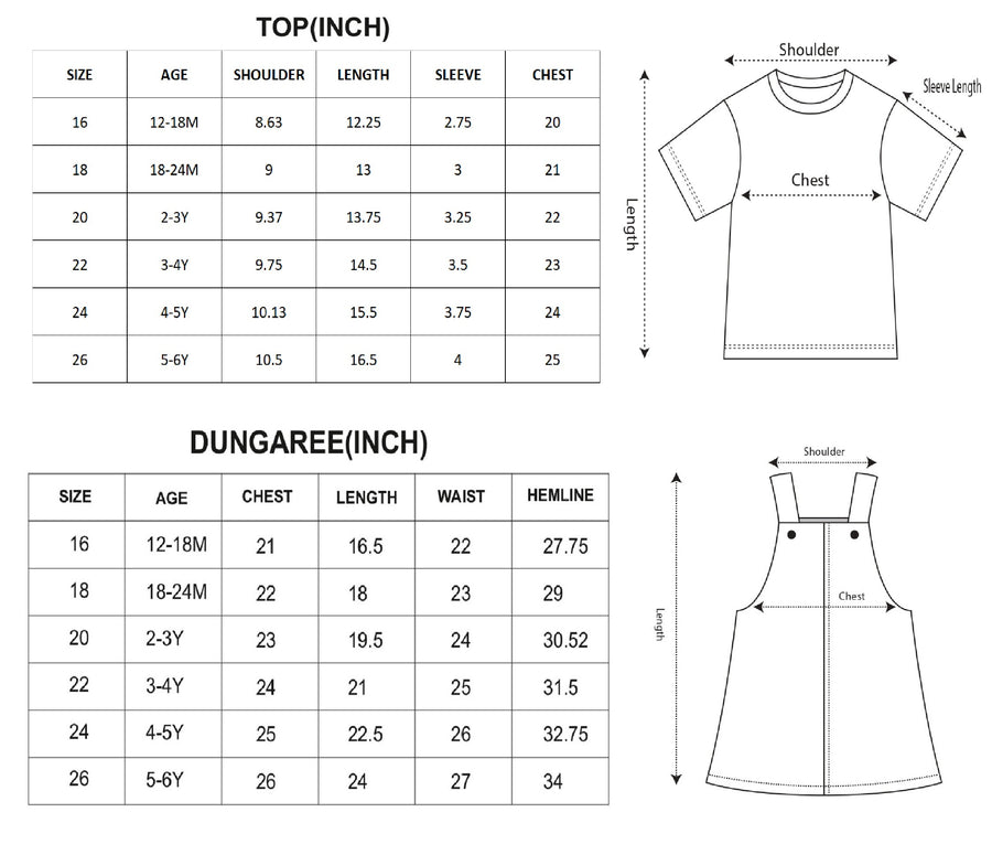 Girls Casual Denim Dungaree Set size chart