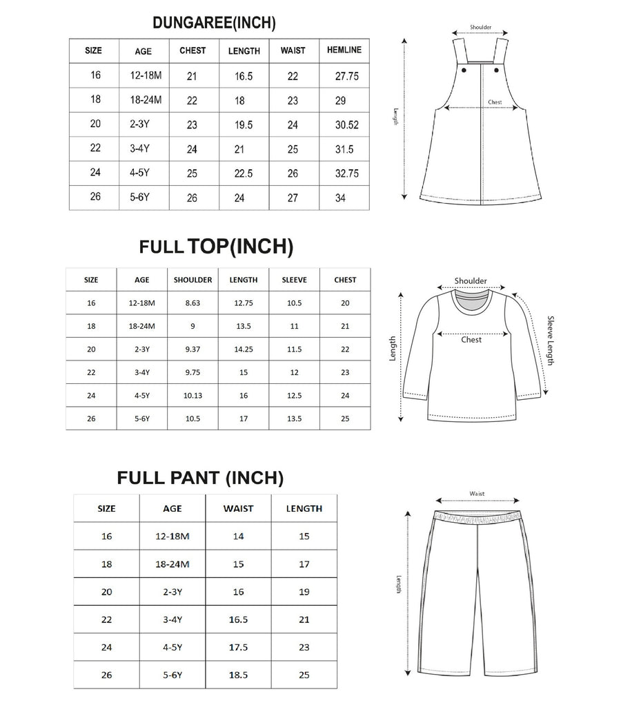 Flower Apllique Dungaree Set size chart