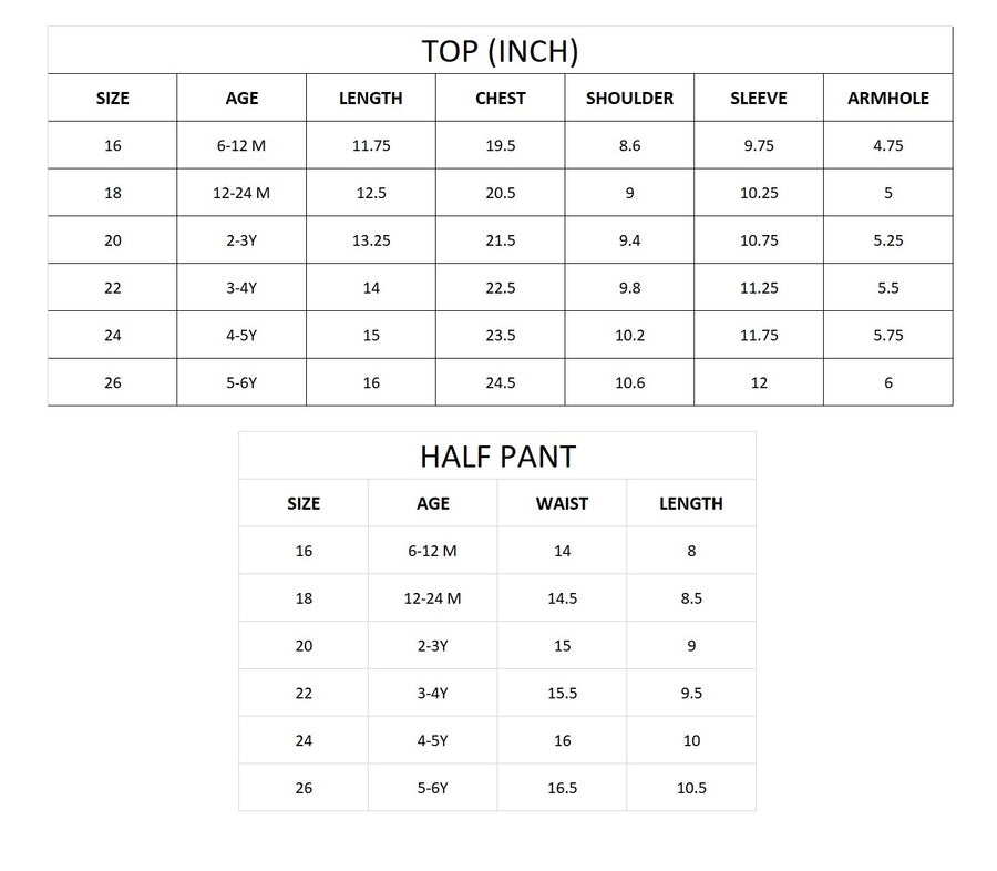 KIKO Baby Girls Printed Top with Shorts size chart