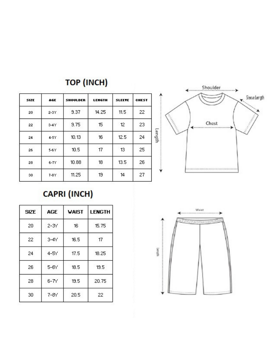 Girls Shirt Top & Capri Pants Set size chart