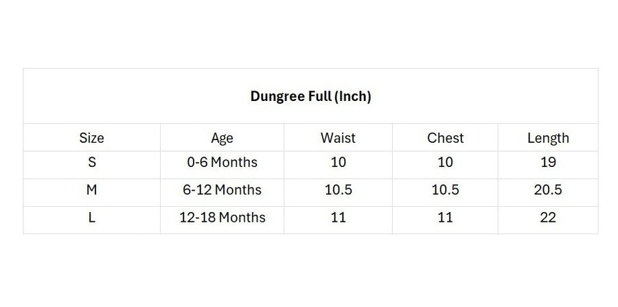 Full Sleeves Dungree For Baby Boys size chart