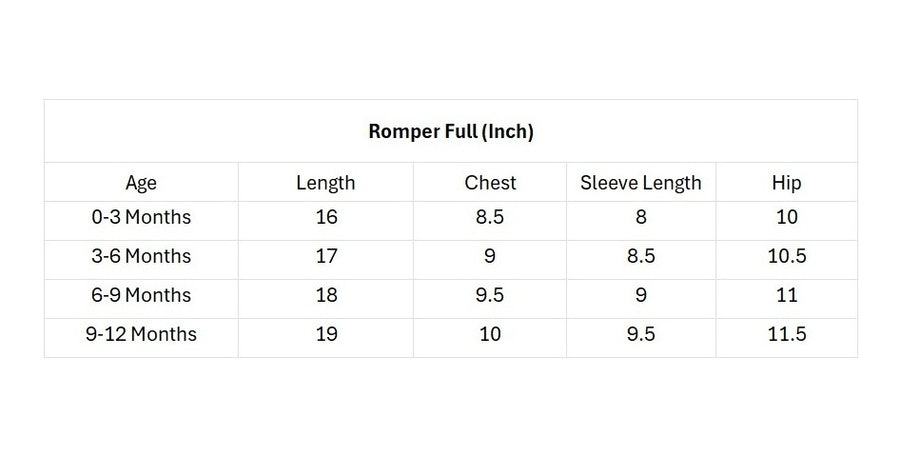Printed Full Sleeves Rompers For Baby Boys size chart