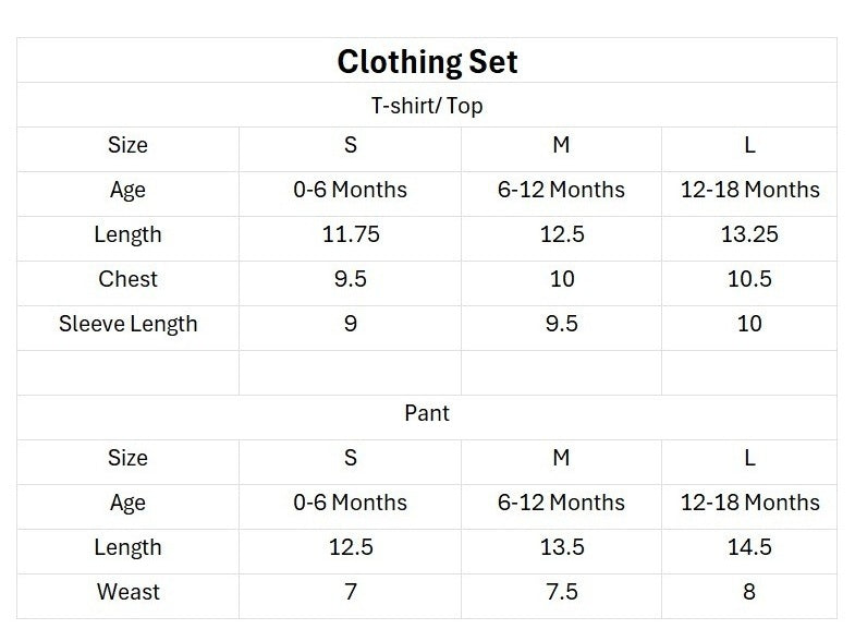 Baby Boys Casual T-Shirt with Pant size chart