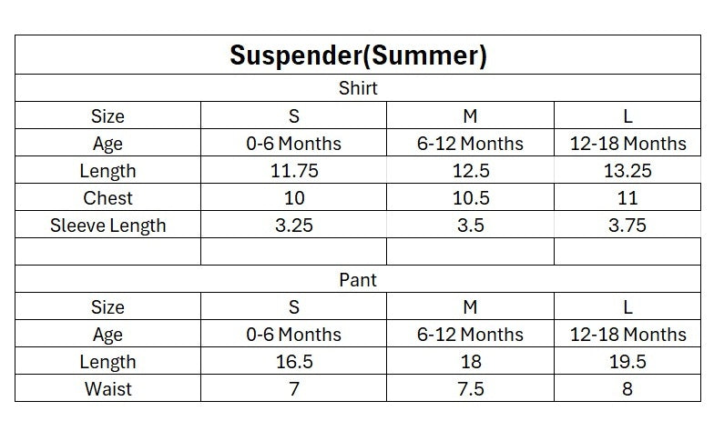 Baby Boy Suspender Outfit Set size chart