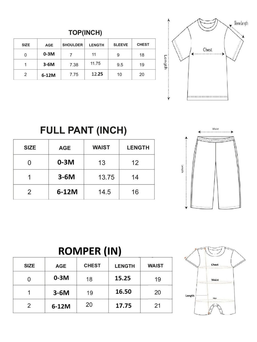 Infant Girl Cotton Top, Bodysuit and Pant Set size chart