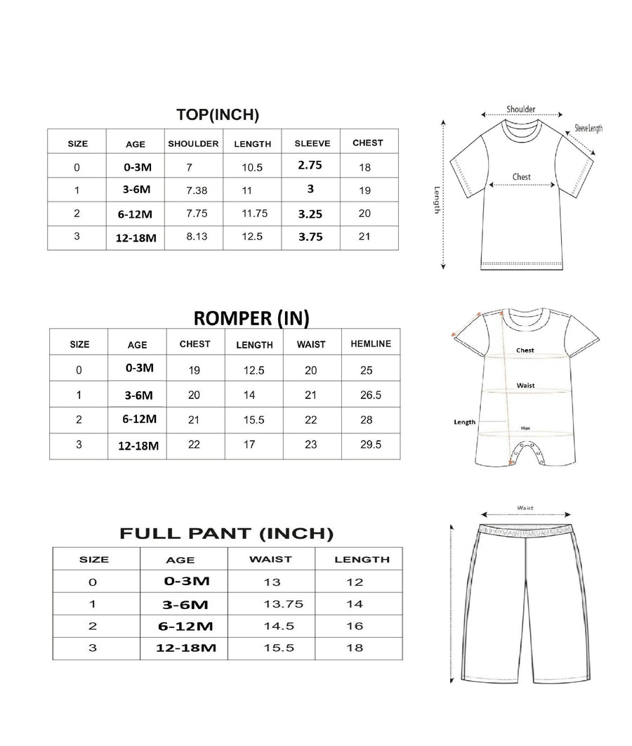 Baby Girl Clothing Set with Top, Shorts & Bodysuit size chart