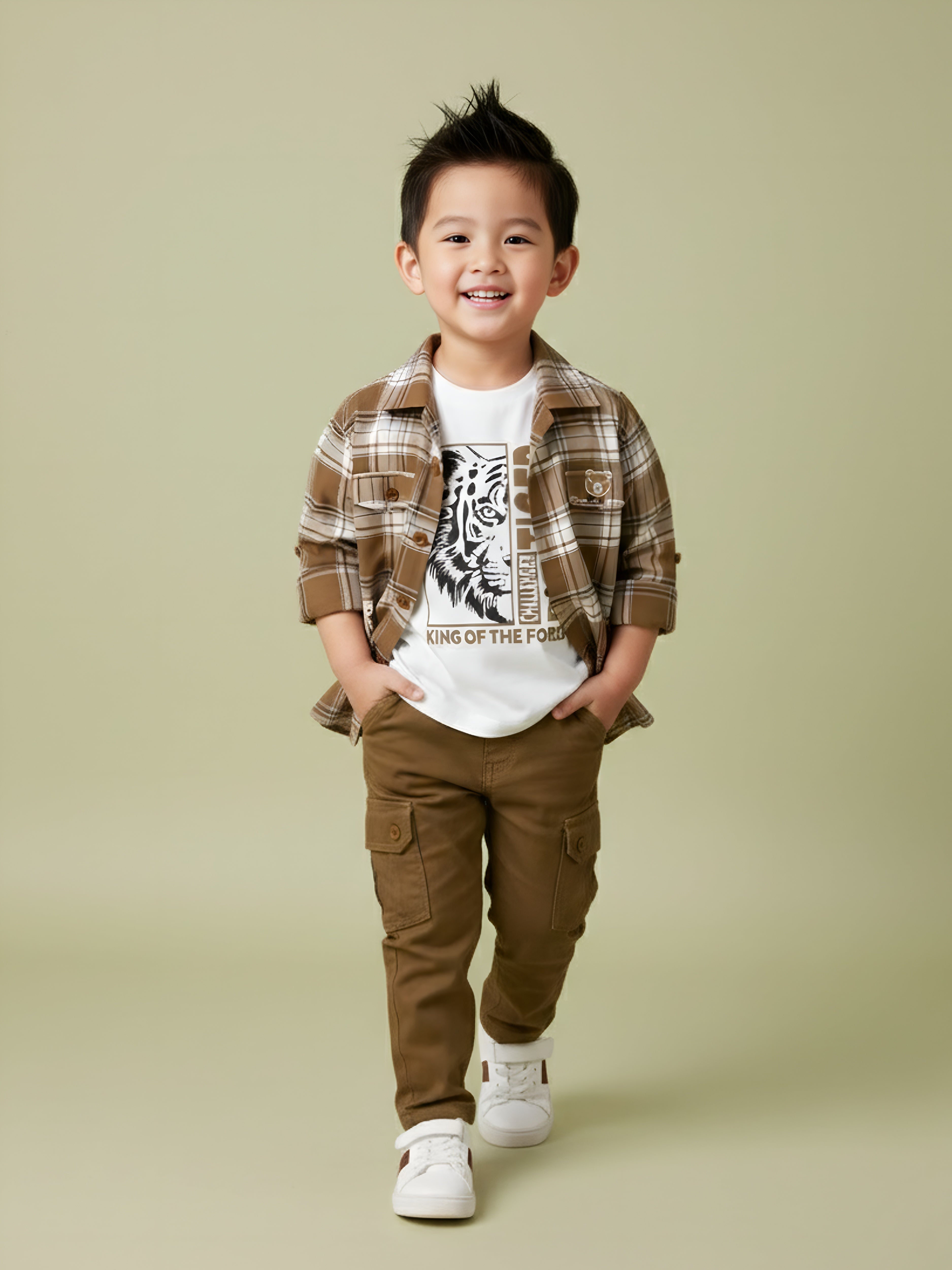 Stylish Toddler Boy Outfit – Plaid Shirt Jacket, Pants & Graphic T-Shirt