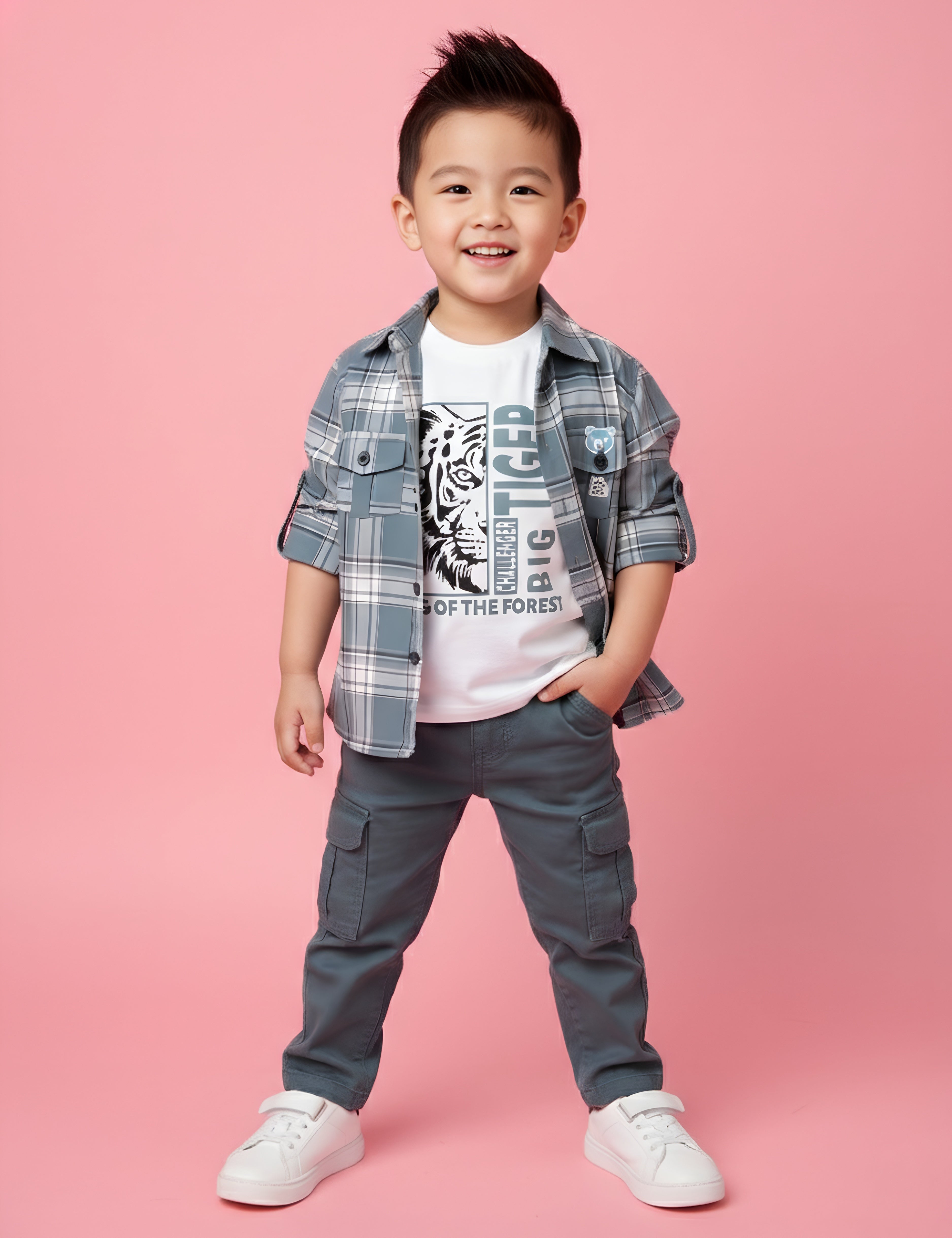 Stylish Toddler Boy Outfit – Plaid Shirt Jacket, Pants & Graphic T-Shirt