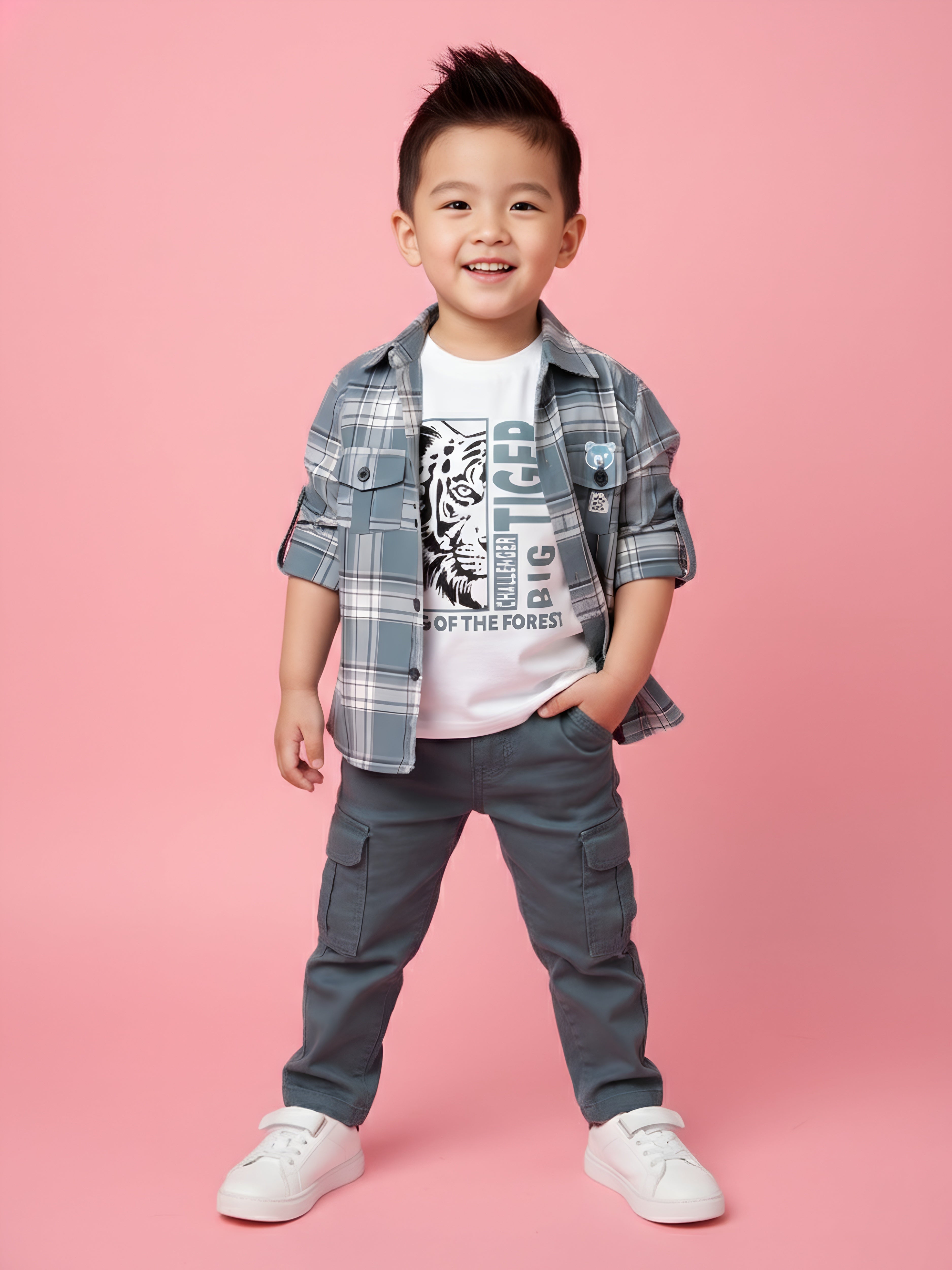 Stylish Toddler Boy Outfit – Plaid Shirt Jacket, Pants & Graphic T-Shirt
