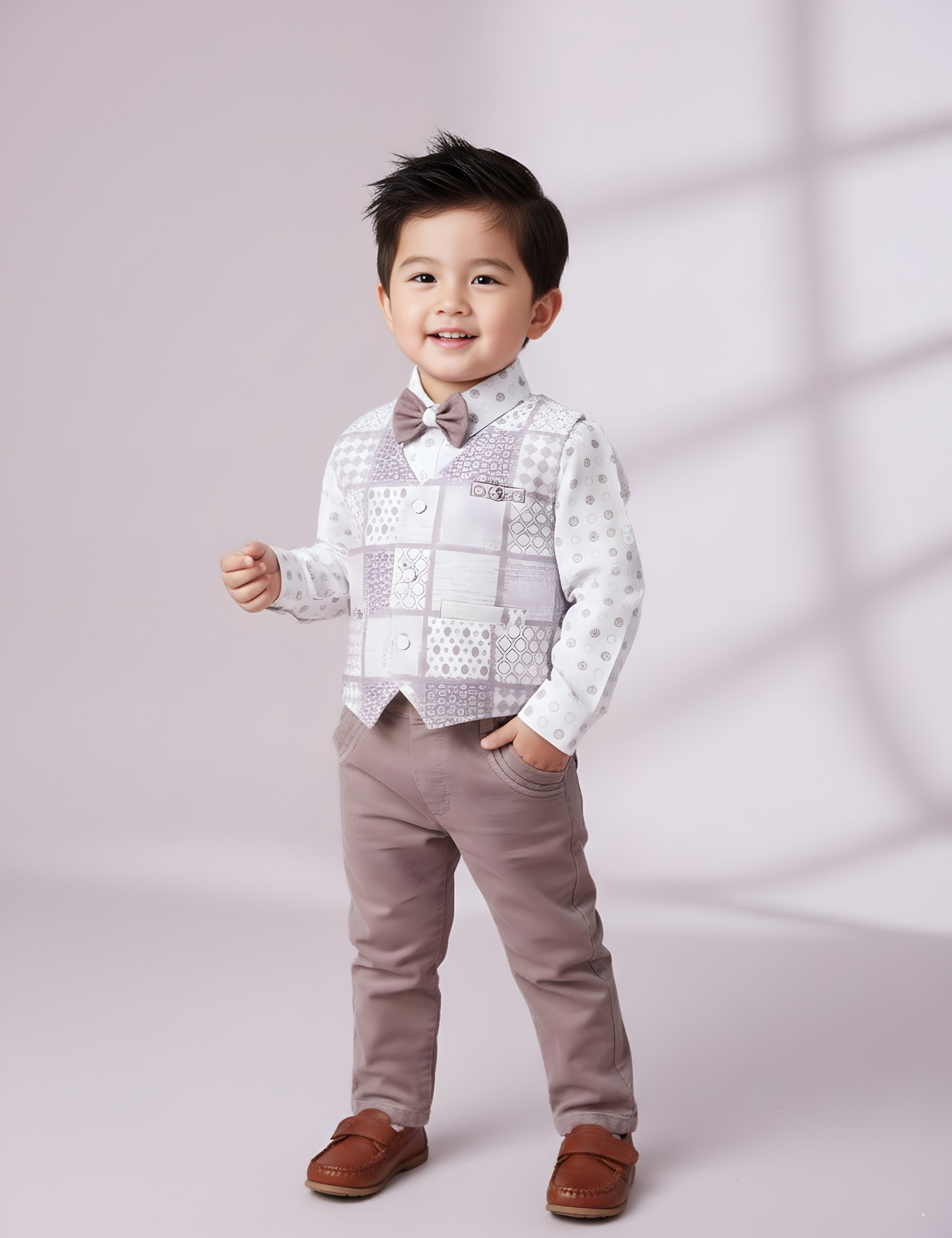 Toddler Boy Gentleman Outfit – Printed Shirt, Vest and Bow Tie Set