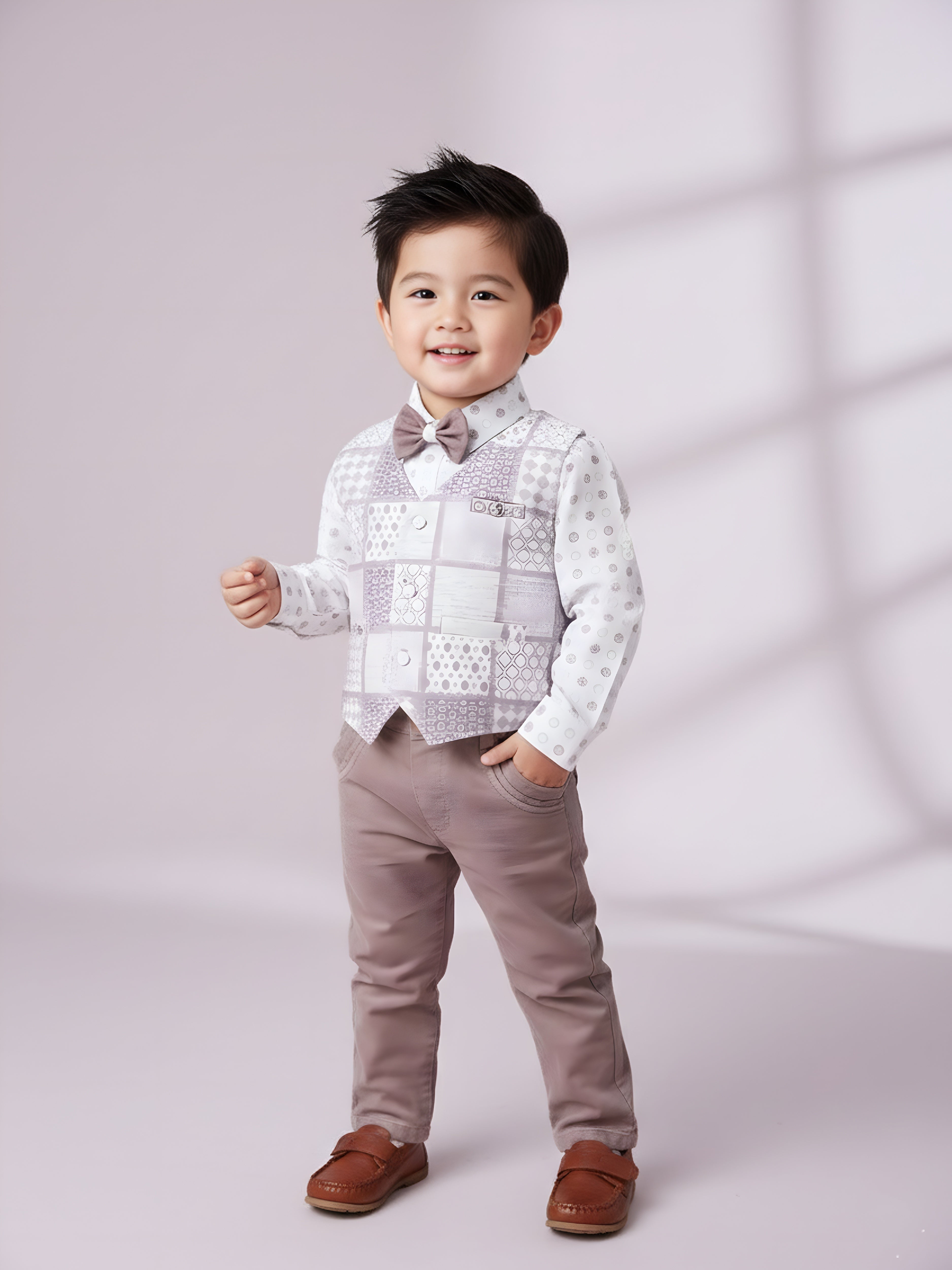 Toddler Boy Gentleman Outfit – Printed Shirt, Vest and Bow Tie Set