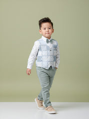 Toddler Boy Gentleman Outfit – Printed Shirt, Vest and Bow Tie Set