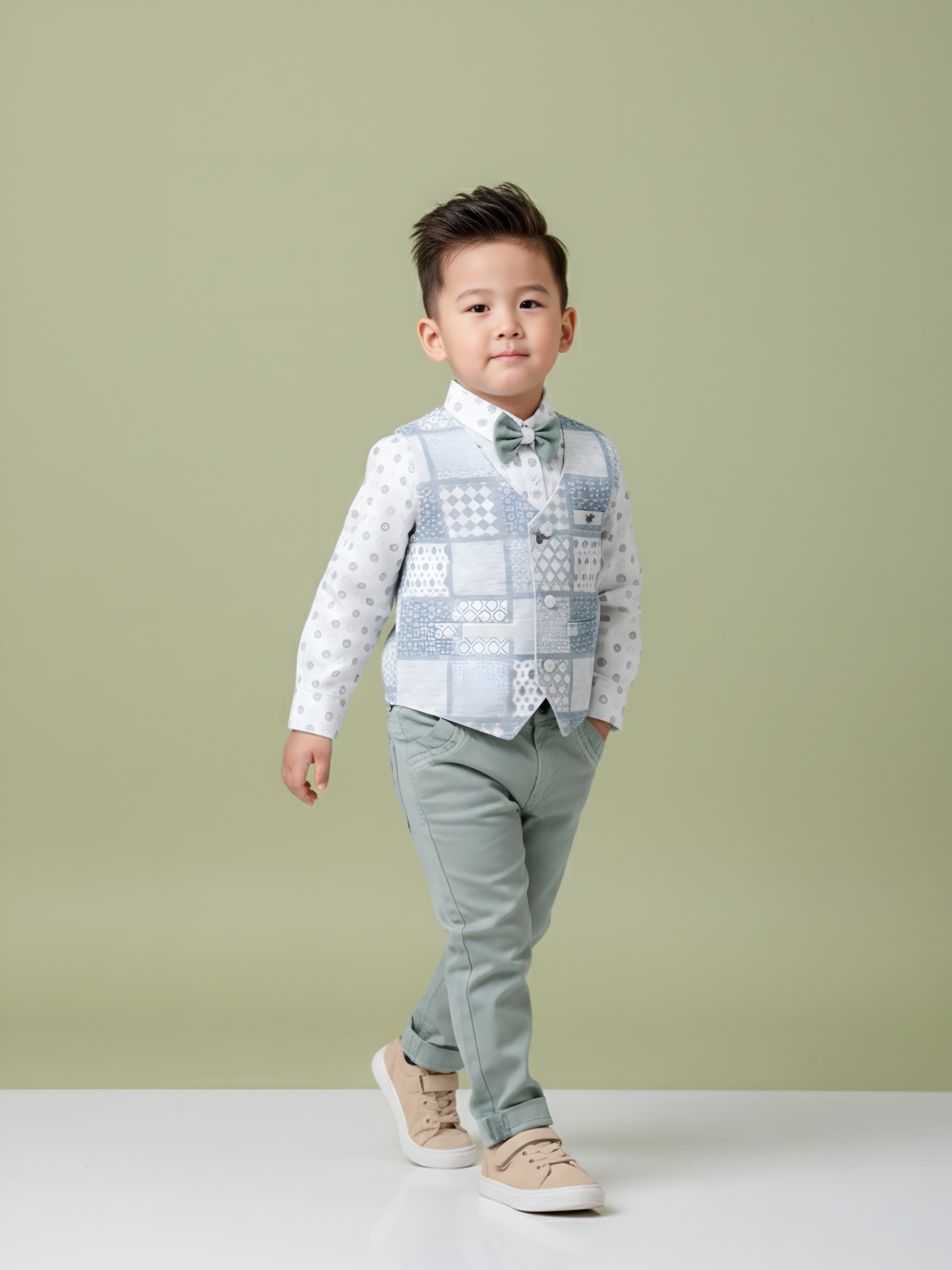 Toddler Boy Gentleman Outfit – Printed Shirt, Vest and Bow Tie Set