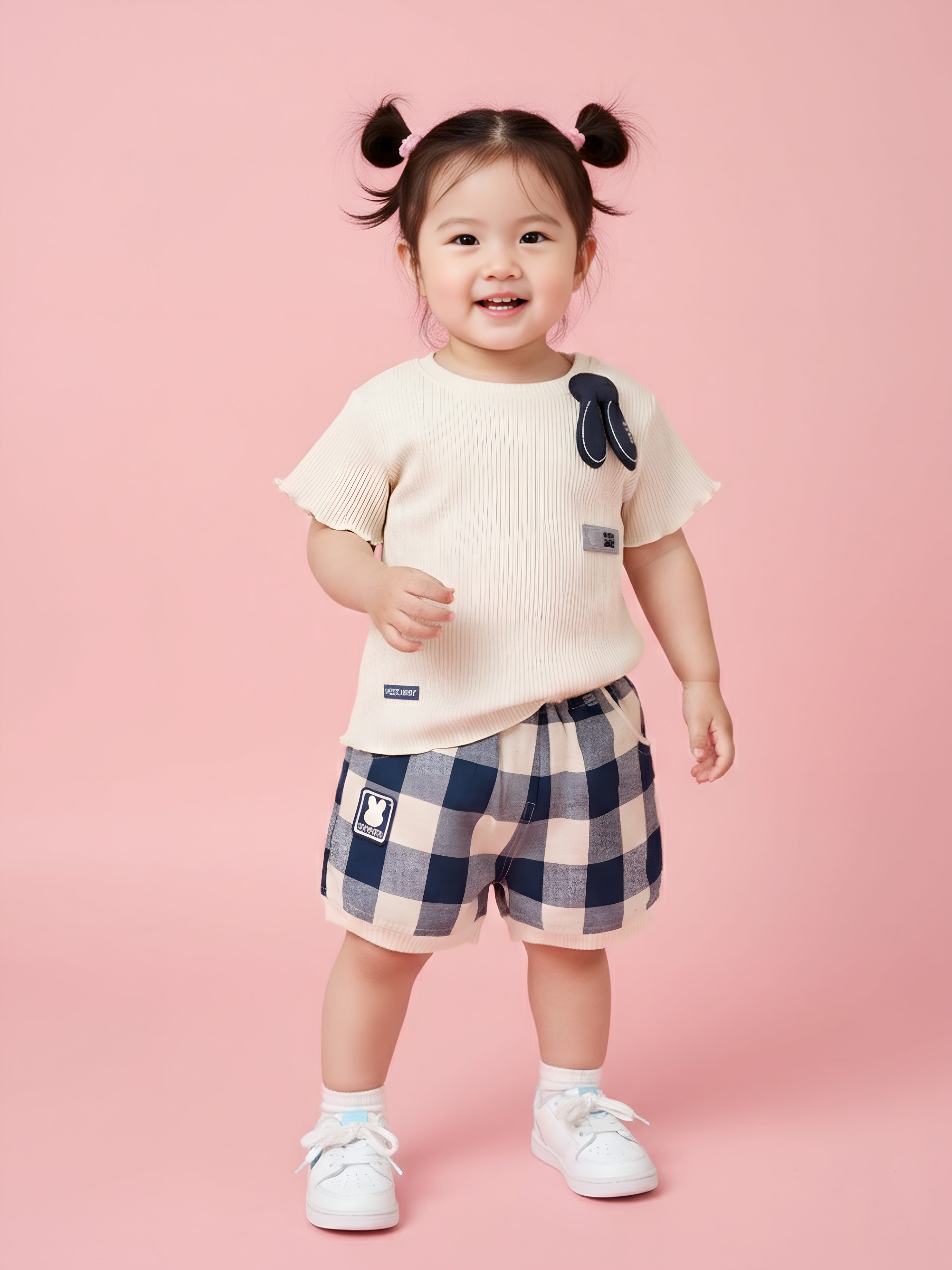 Baby Girl Softtouch Knit Top & Woven Check Shorts 2-Piece Set