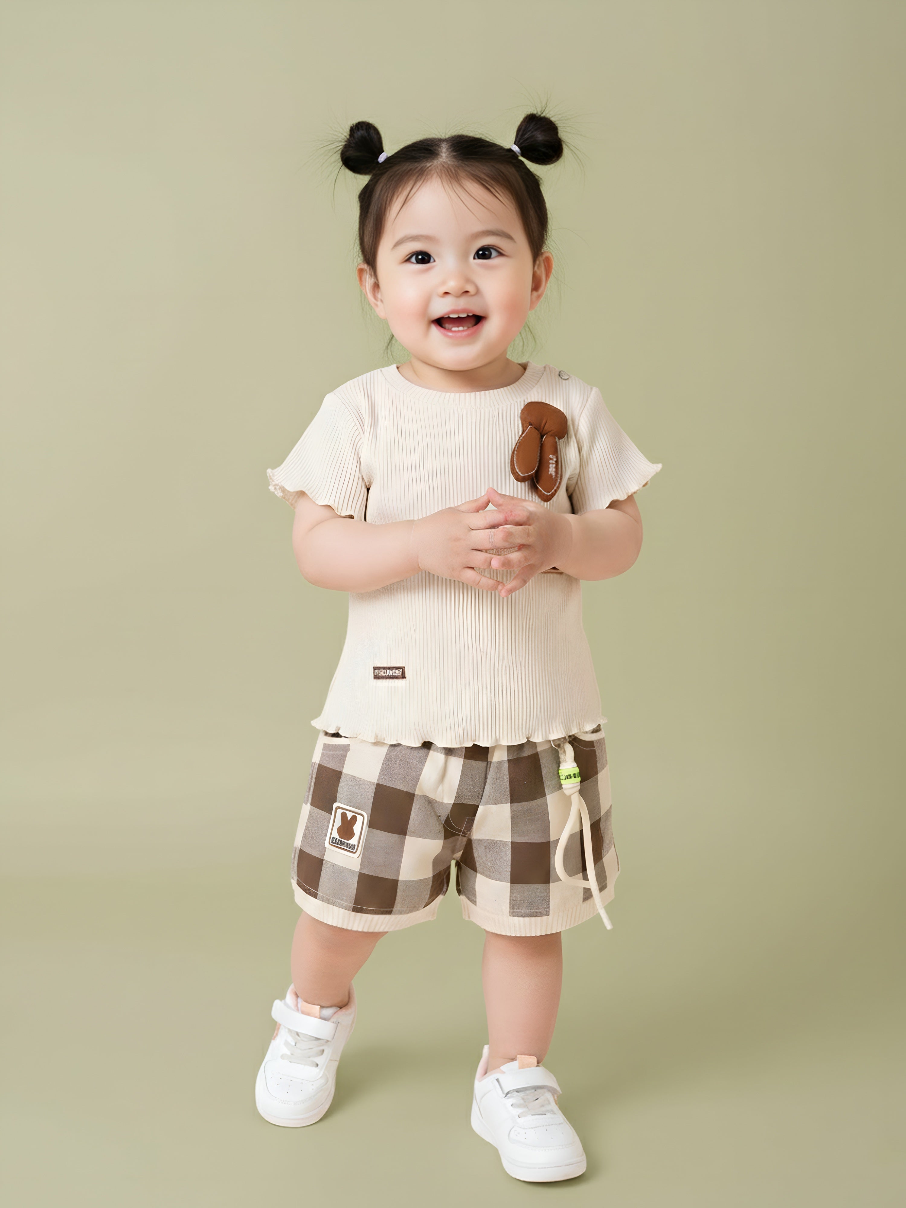 Baby Girl Softtouch Knit Top & Woven Check Shorts 2-Piece Set