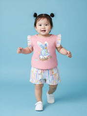 Girls Two-Piece Bunny Print Top & Striped Shorts Set