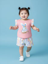 Girls Two-Piece Bunny Print Top & Striped Shorts Set