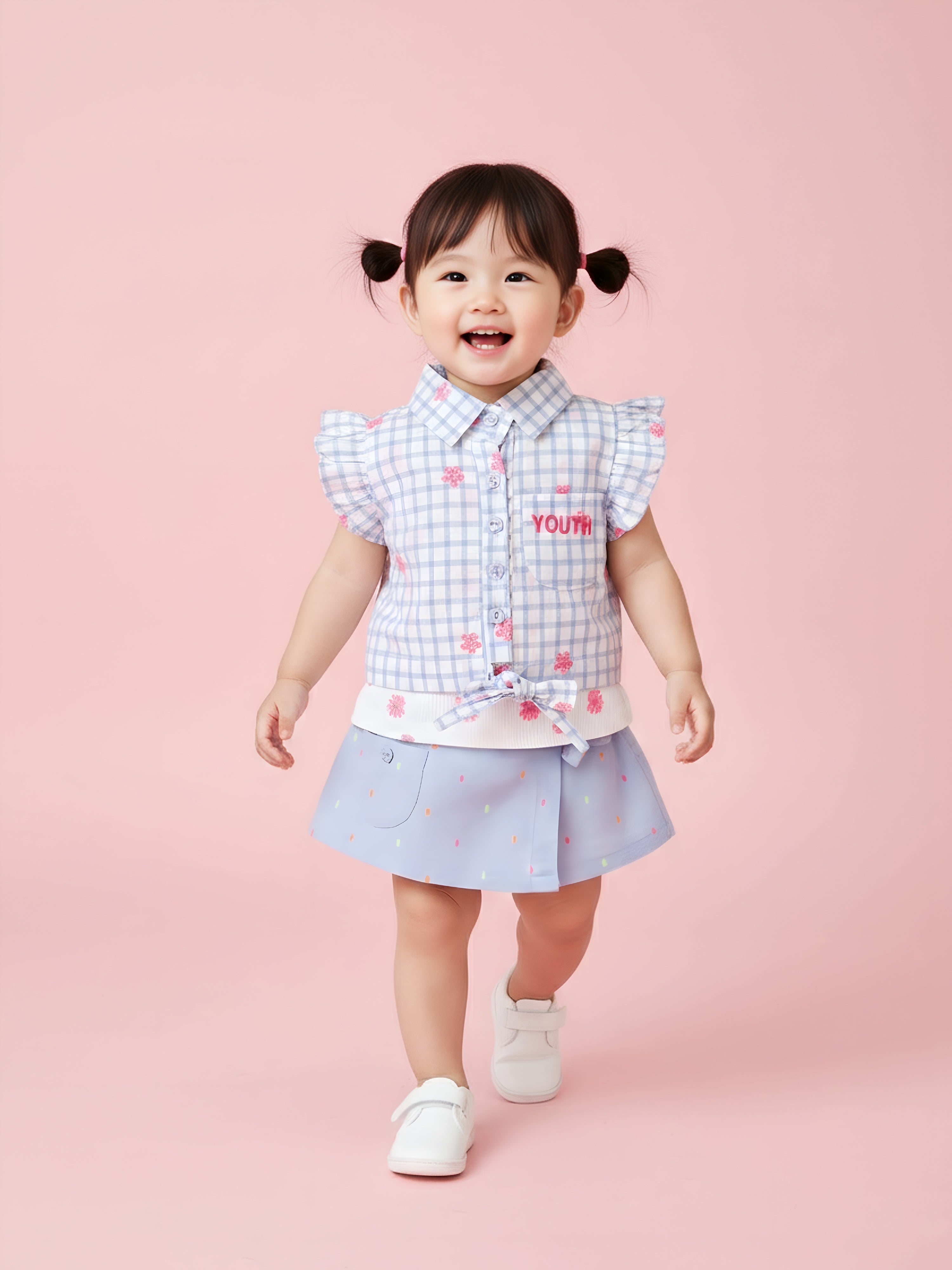 Toddler Girl Top and Skirt Embroidered Check Set