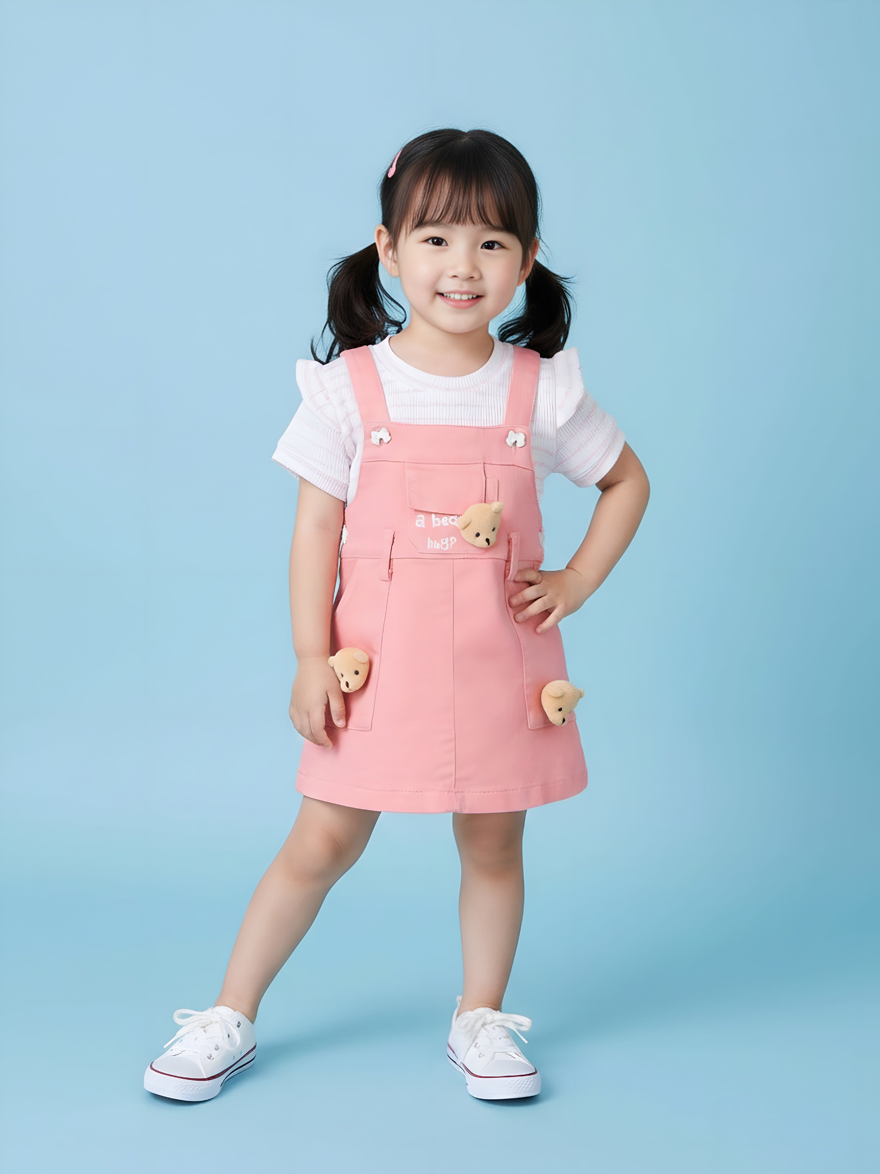Girls Teddy Applique Dungaree Dress Set