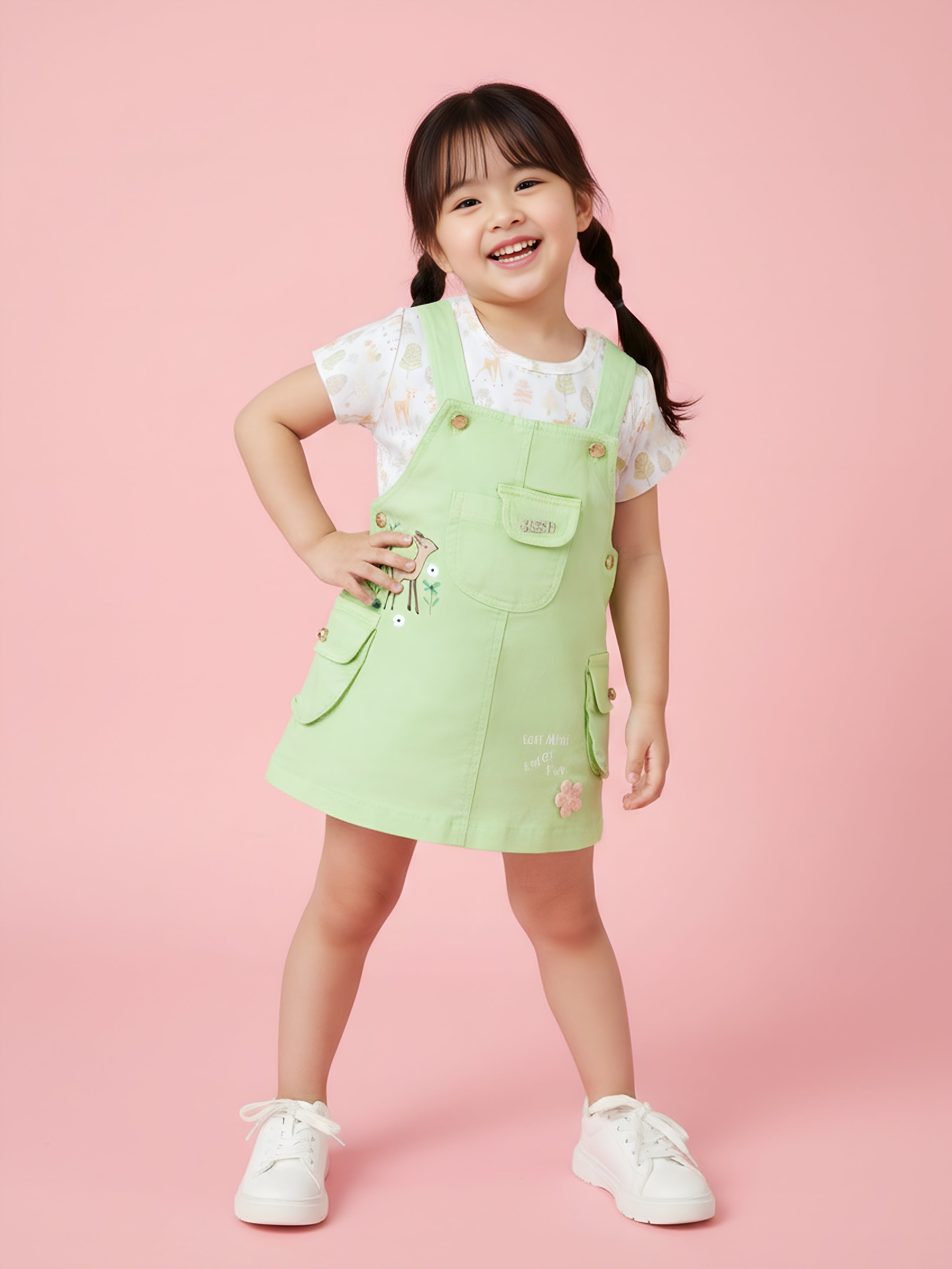 Girls Deer Print Dungaree Dress Set with Short Sleeve T-Shirt