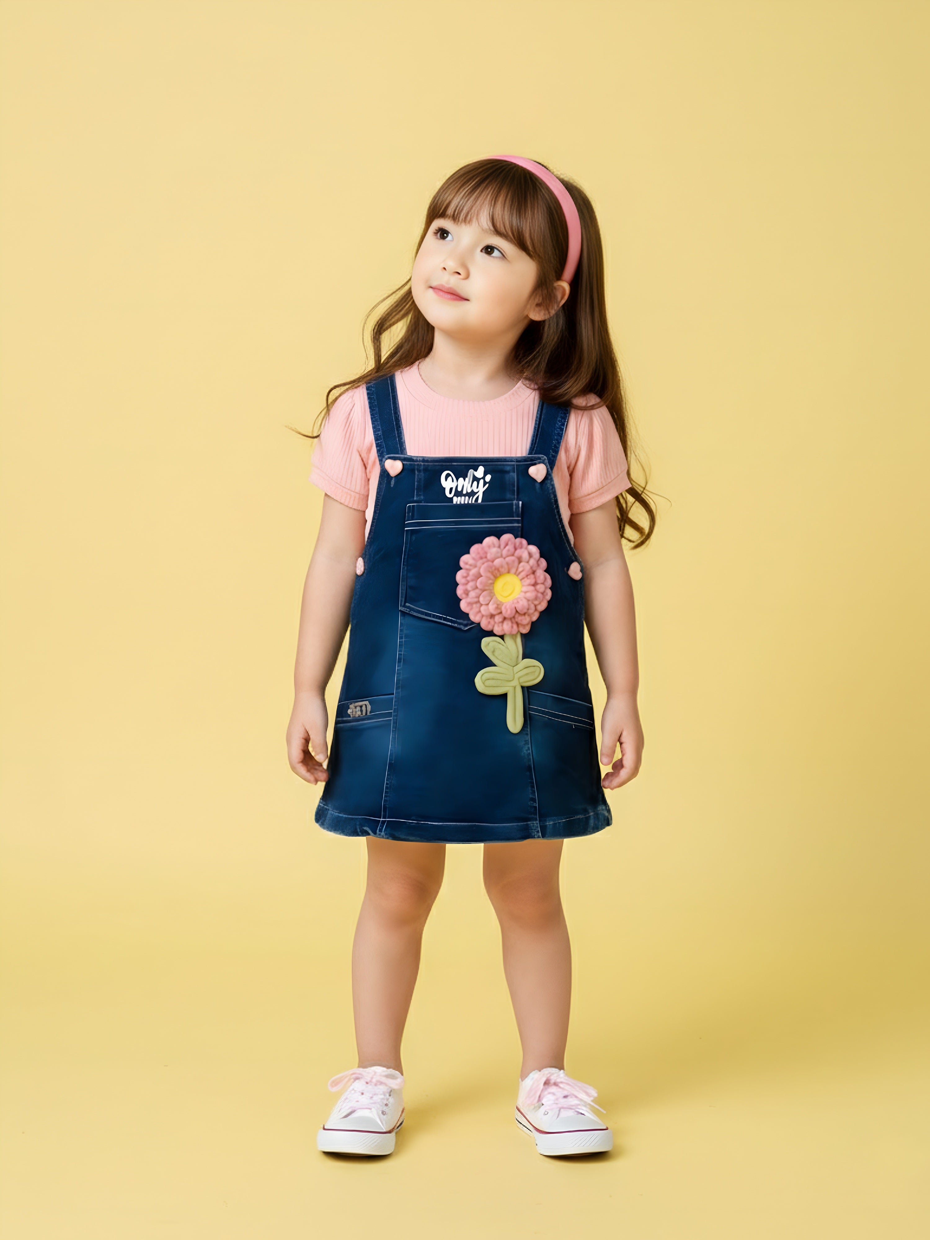 Girls Flower Denim Dungaree Dress