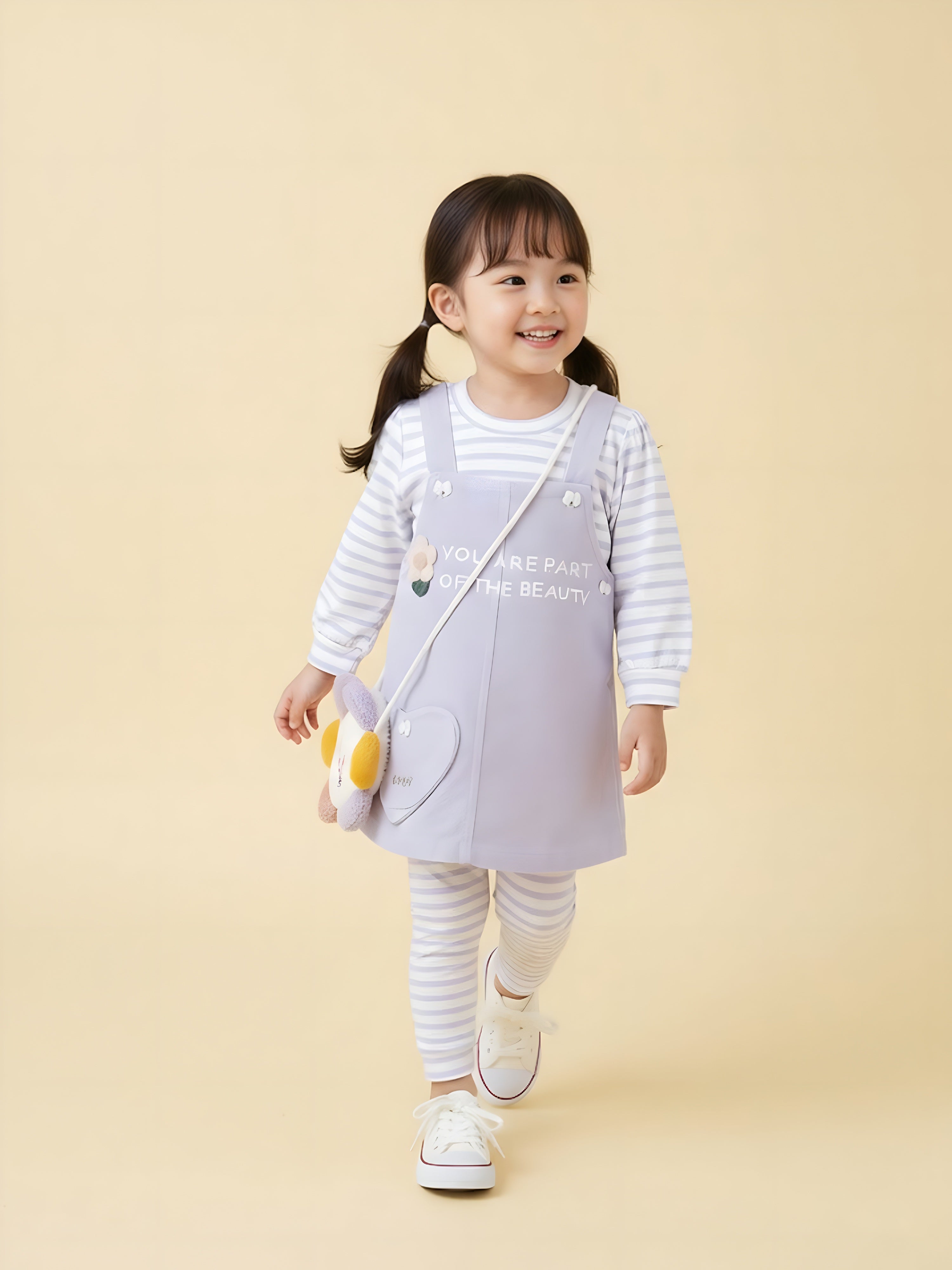 Girls Striped Top with Dungaree Dress & Leggings Set