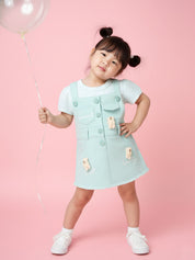 Girls’ Dungaree Dress Set with Teddy Bear Applique