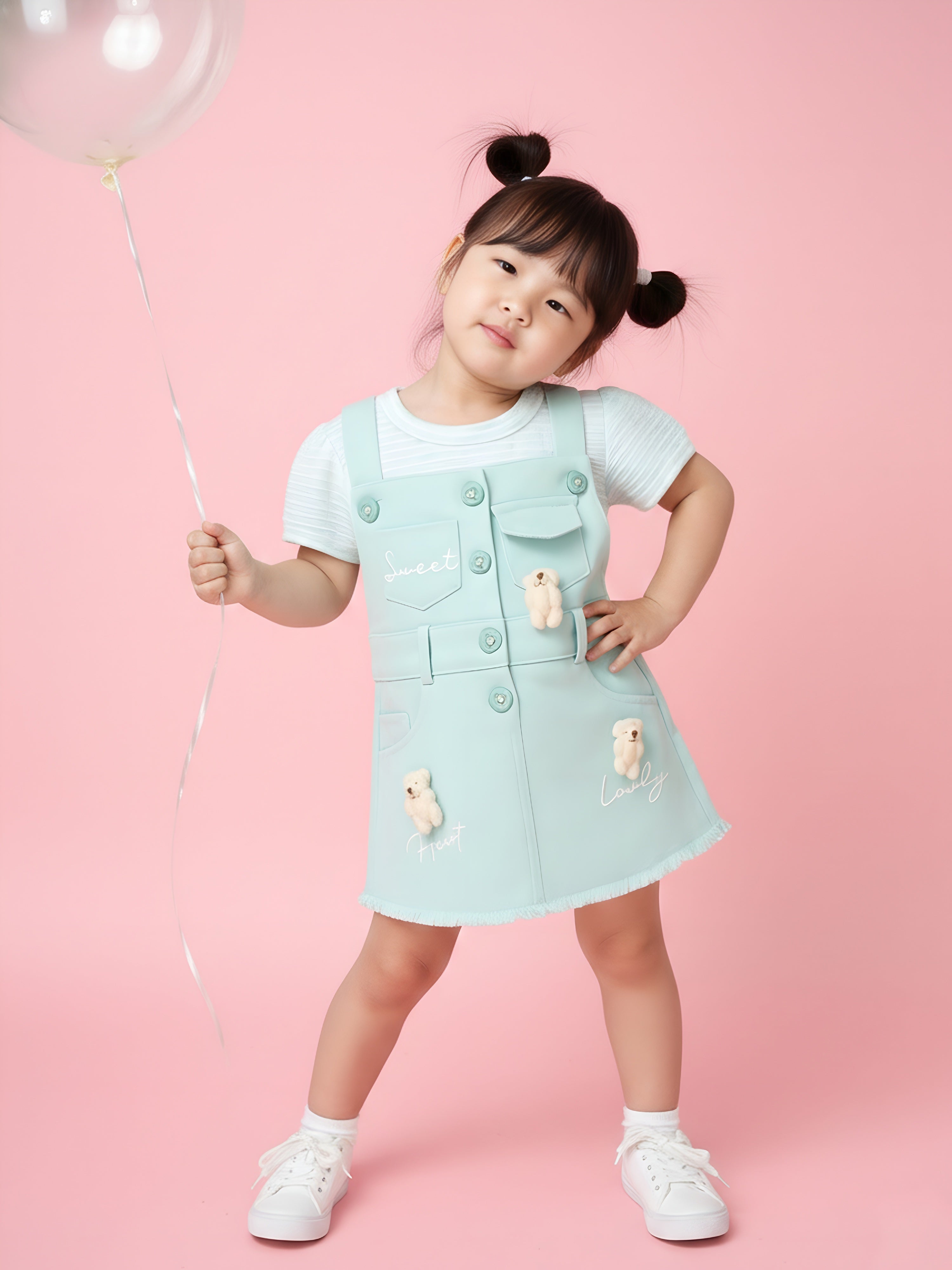 Girls’ Dungaree Dress Set with Teddy Bear Applique