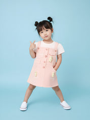 Girls’ Dungaree Dress Set with Teddy Bear Applique