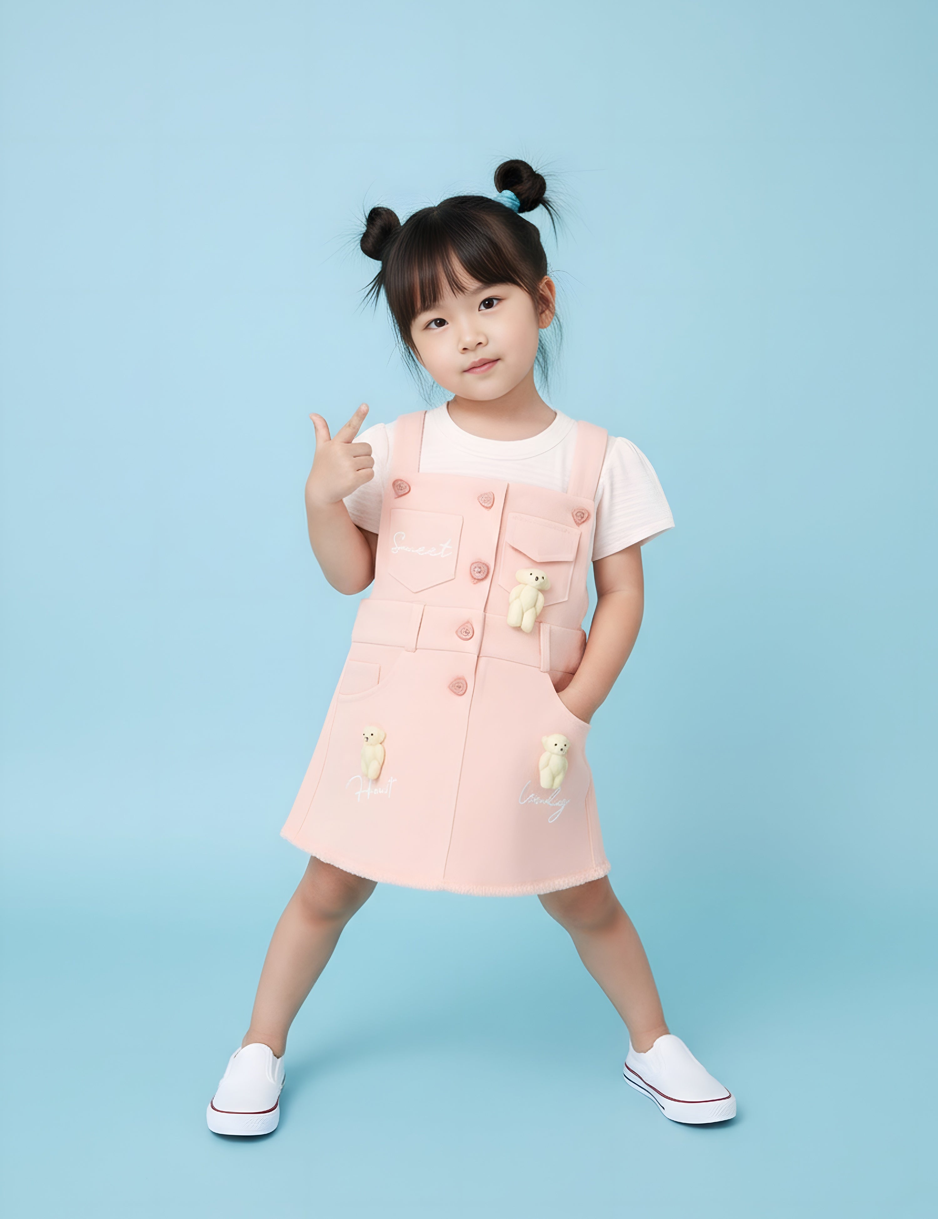 Girls’ Dungaree Dress Set with Teddy Bear Applique
