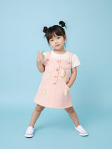 Girls’ Dungaree Dress Set with Teddy Bear Applique