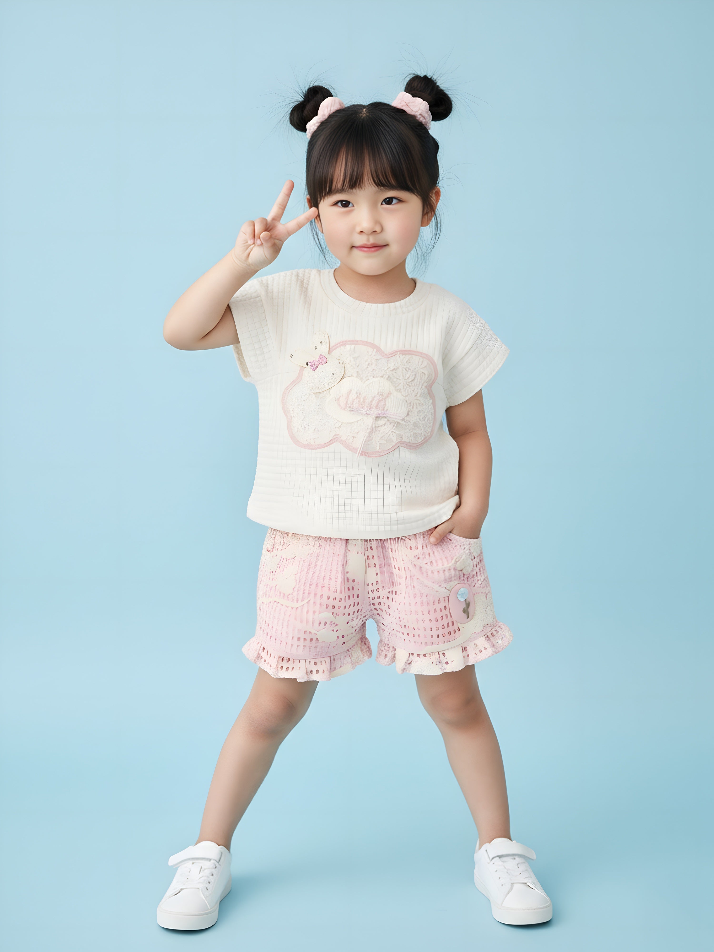 Girl’s Waffle Knit Top & Lace Ruffle Short Set