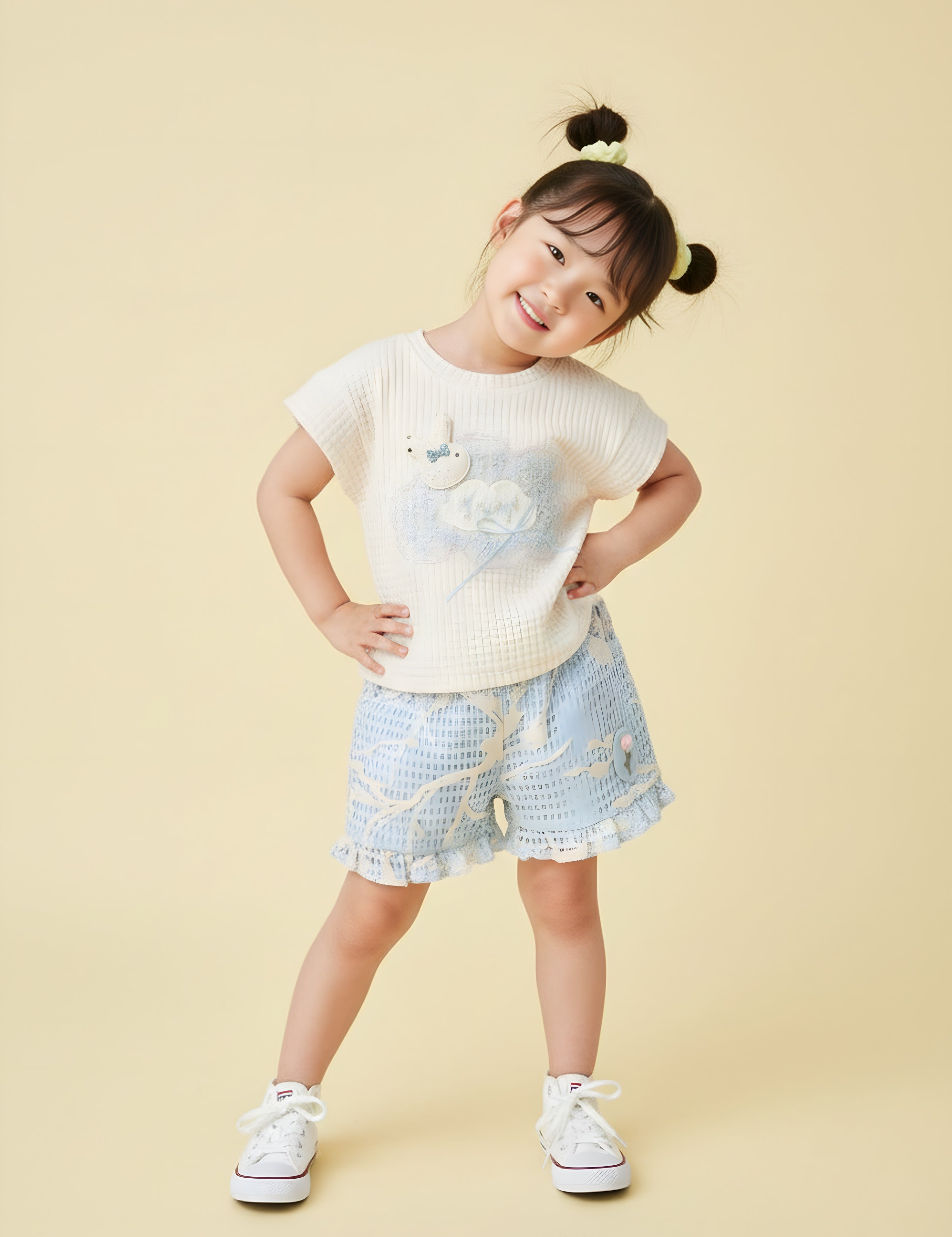 Girl’s Waffle Knit Top & Lace Ruffle Short Set