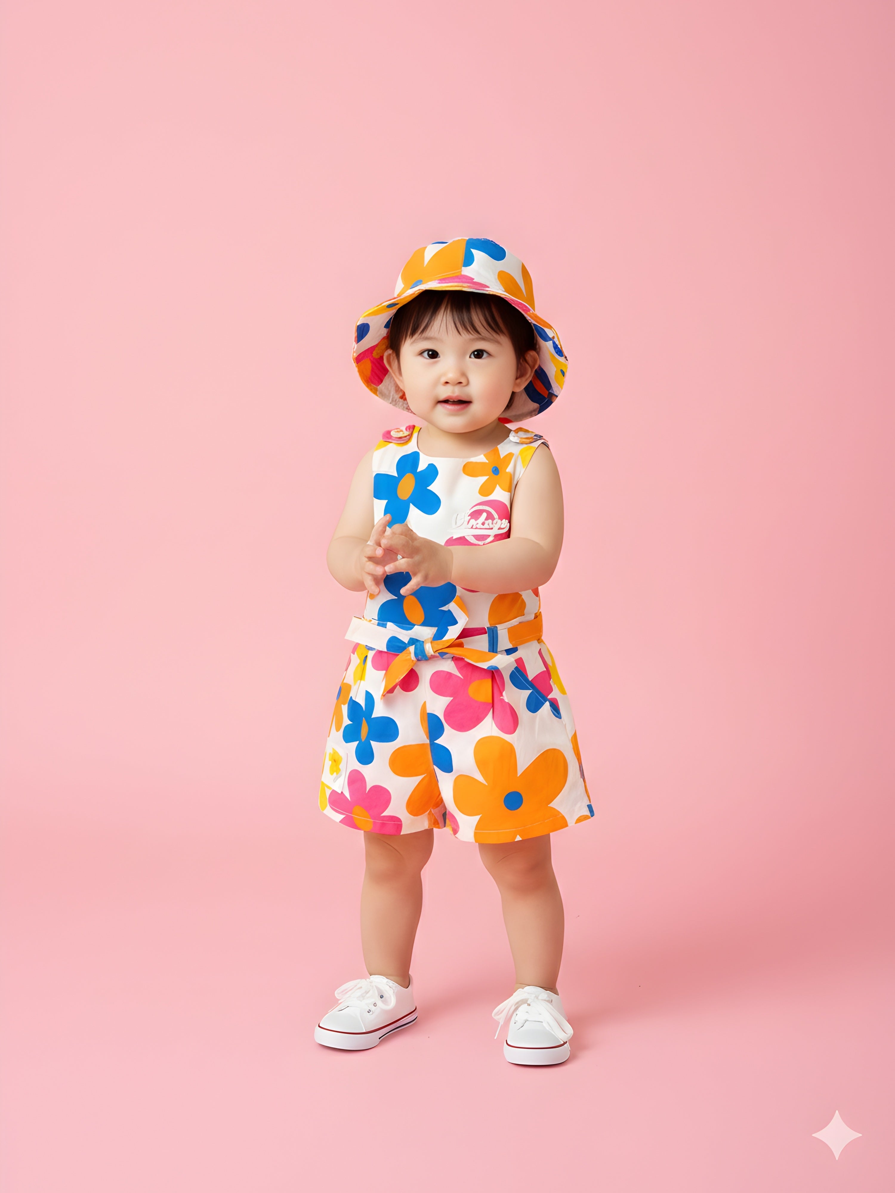 Girls Multicolor Floral Jumpsuit with Matching Hat