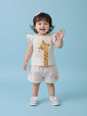 Girls Printed Knit Top with Woven Check Shorts