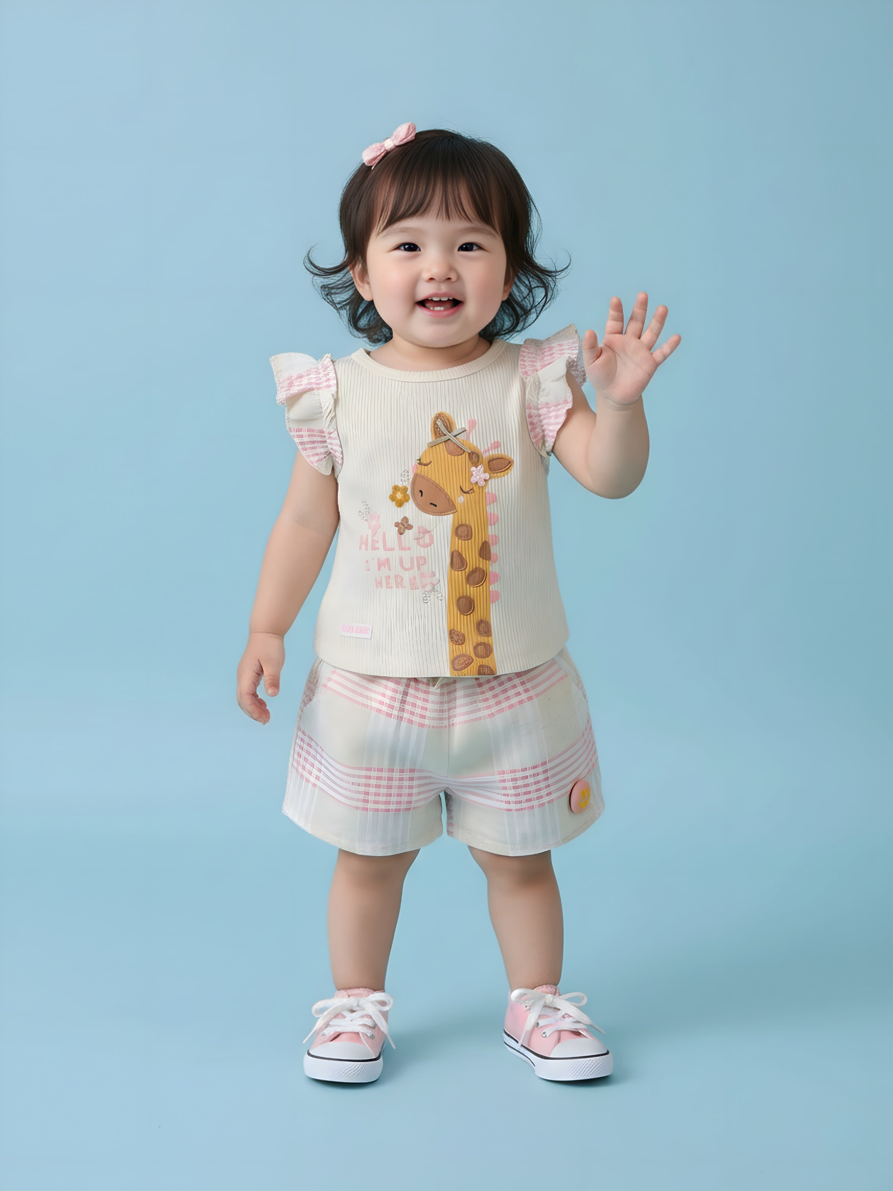 Girls Printed Knit Top with Woven Check Shorts