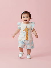 Girls Printed Knit Top with Woven Check Shorts