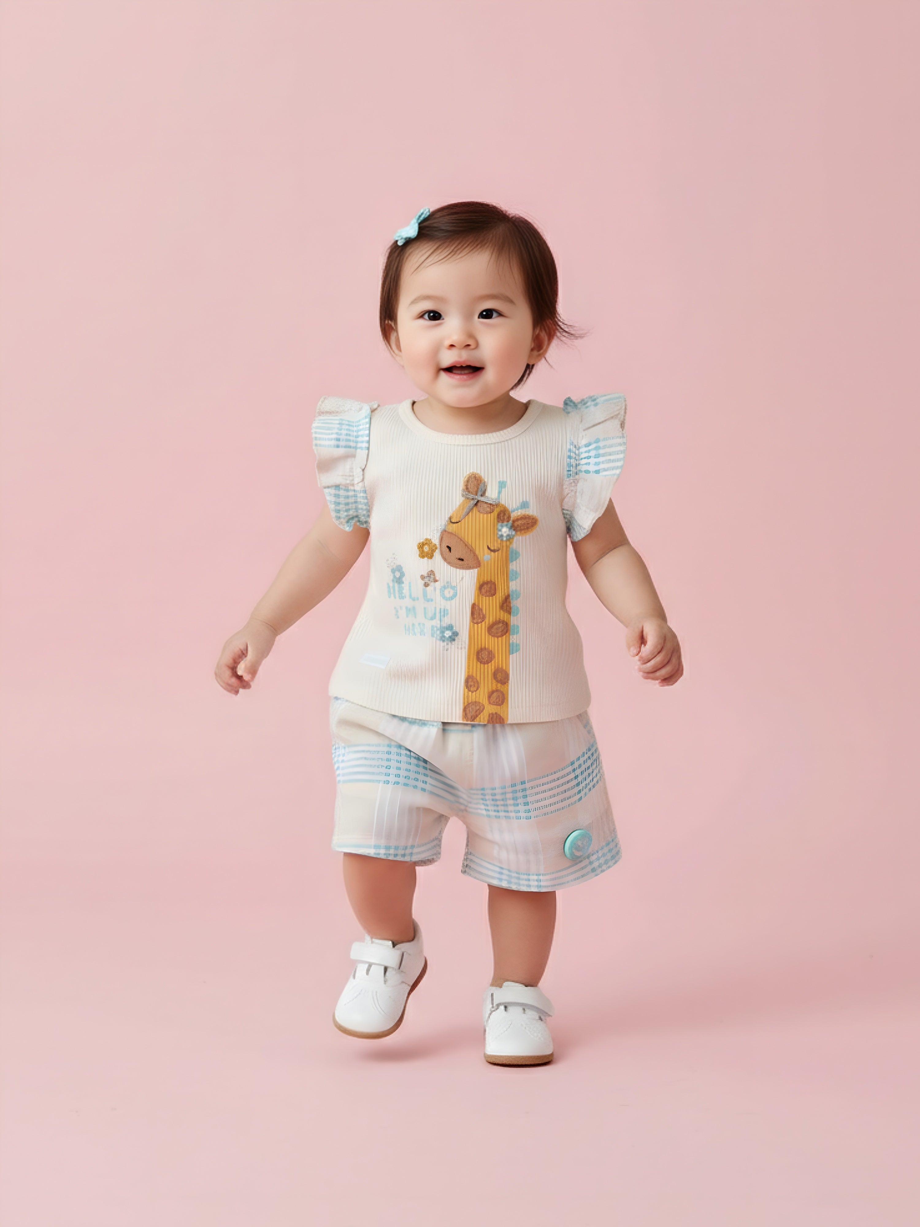 Girls Printed Knit Top with Woven Check Shorts