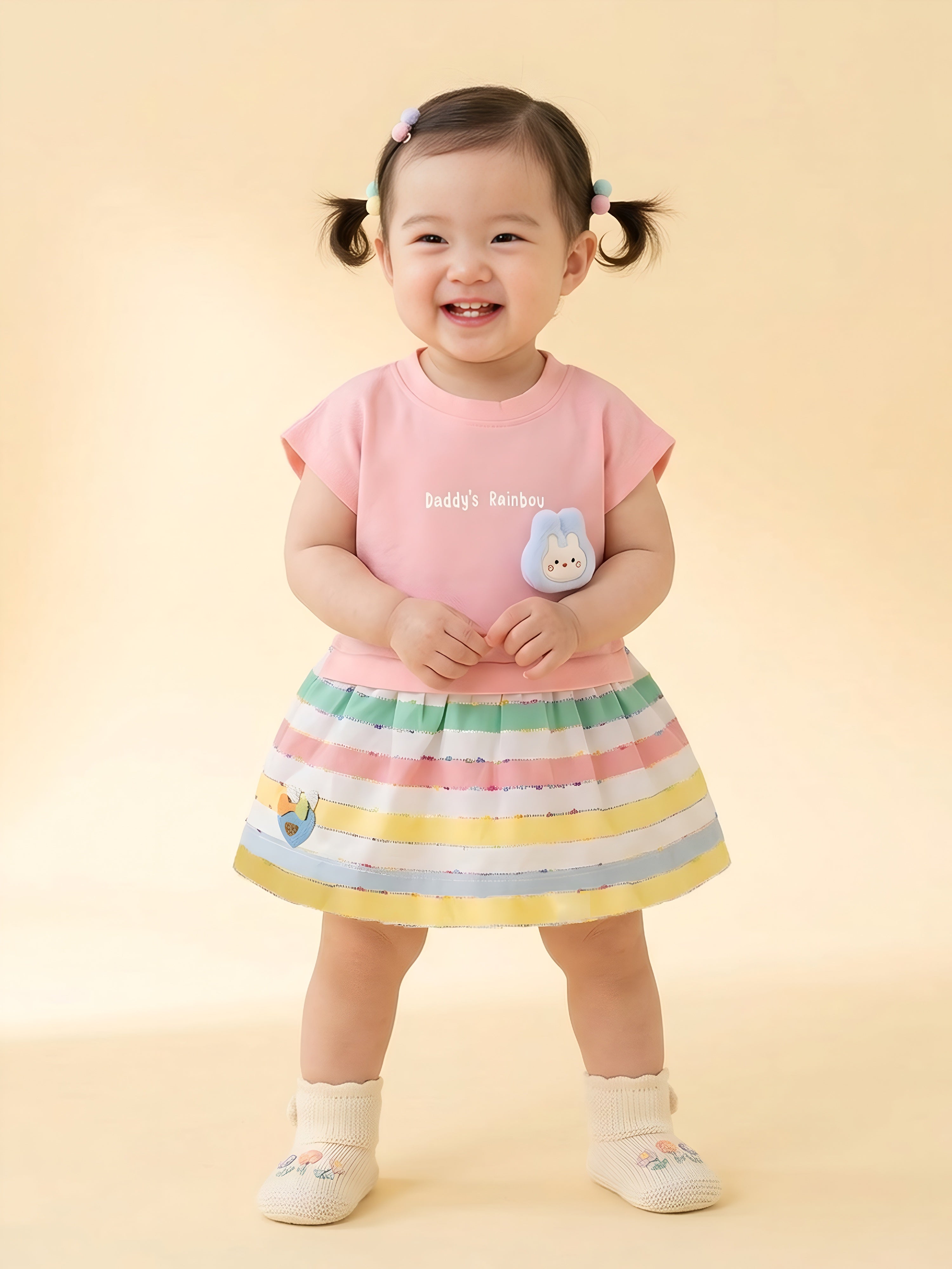 Baby Girl Cotton Frock Set with Rainbow Striped