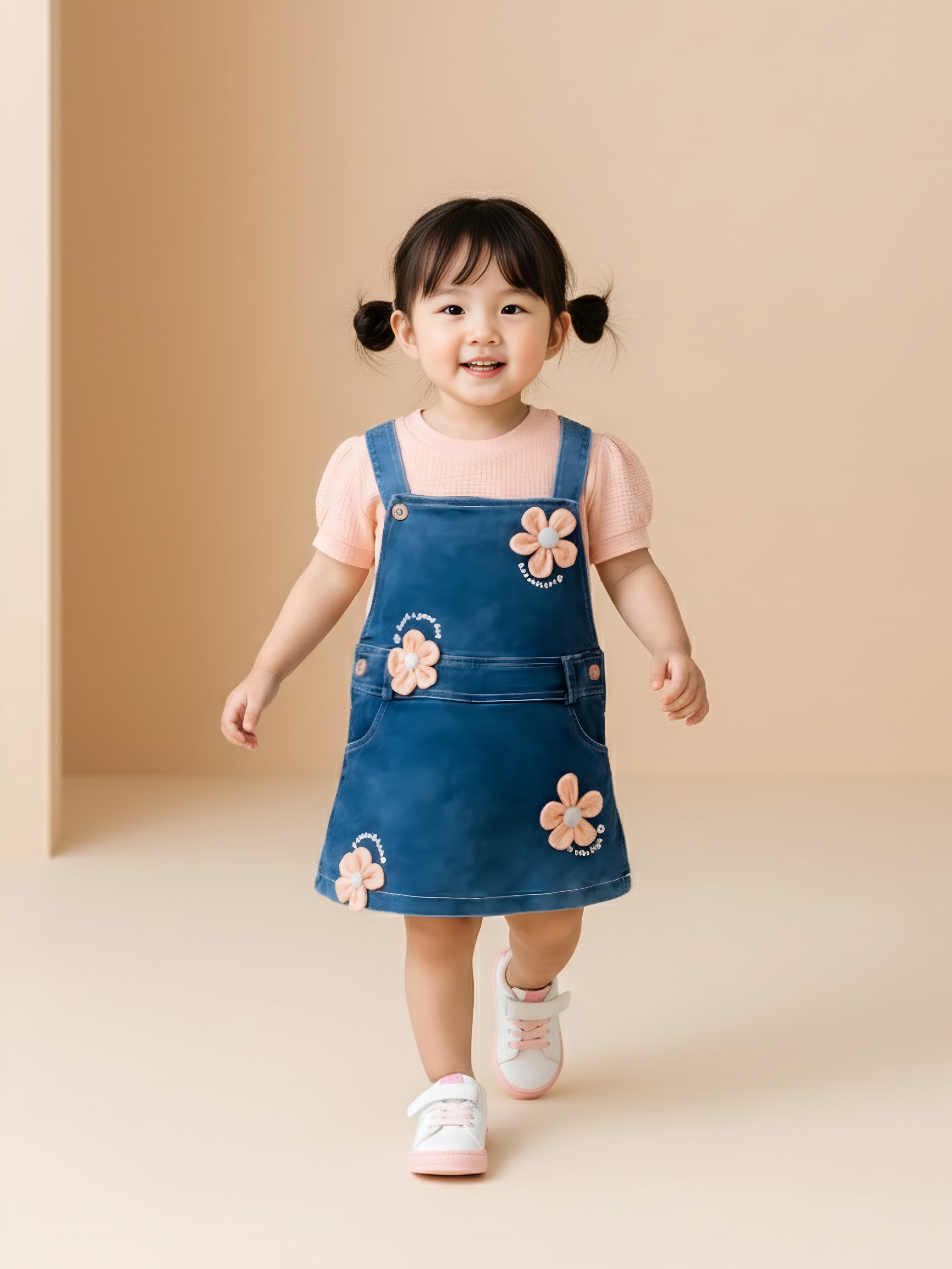 Girls Denim Flower Applique Dungaree Dress with Pink Top