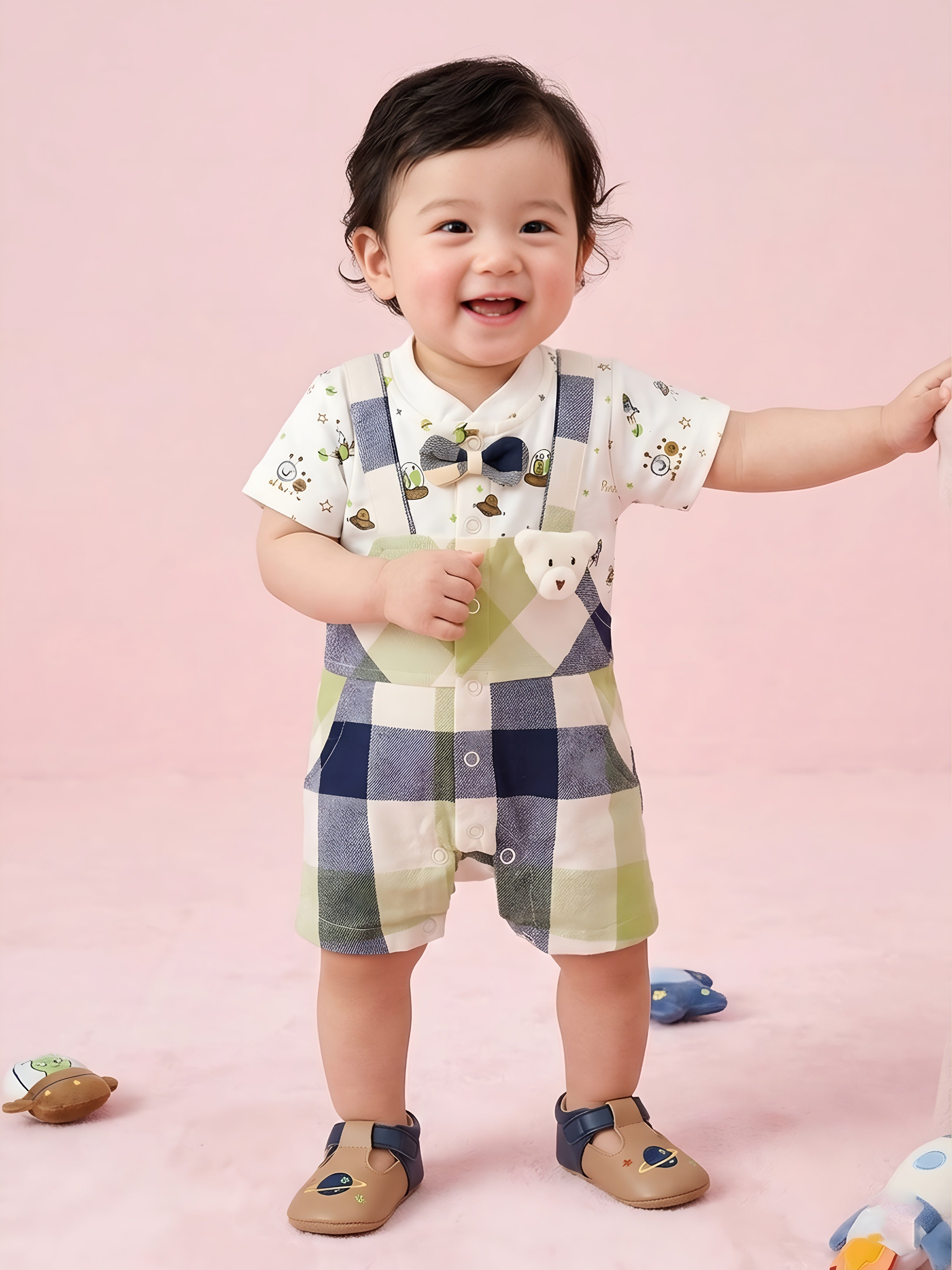 Baby Boy's Plaid Romper & Bow Tie Set