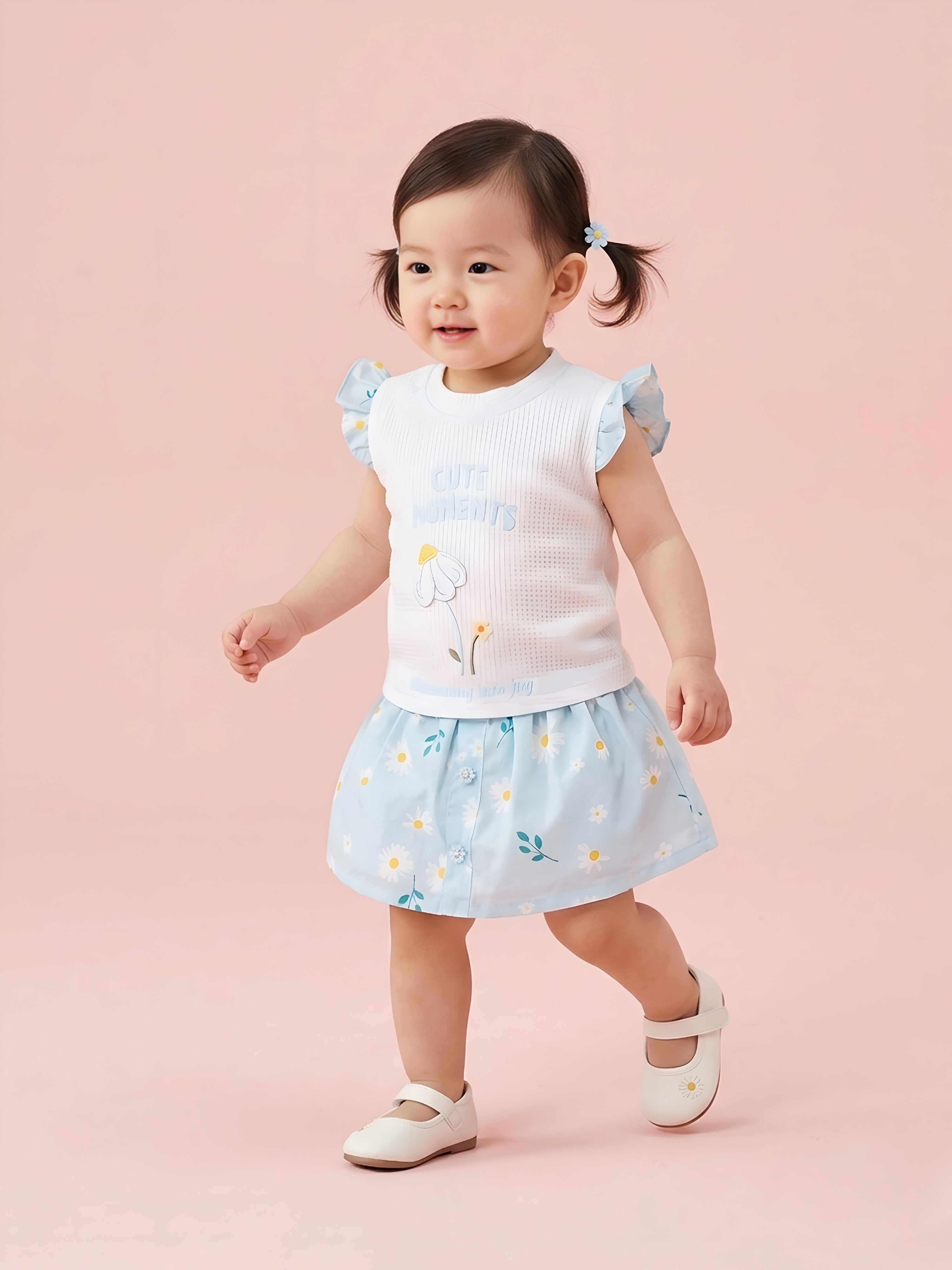 Toddler Girls Printed Skirt with Applique Top Set