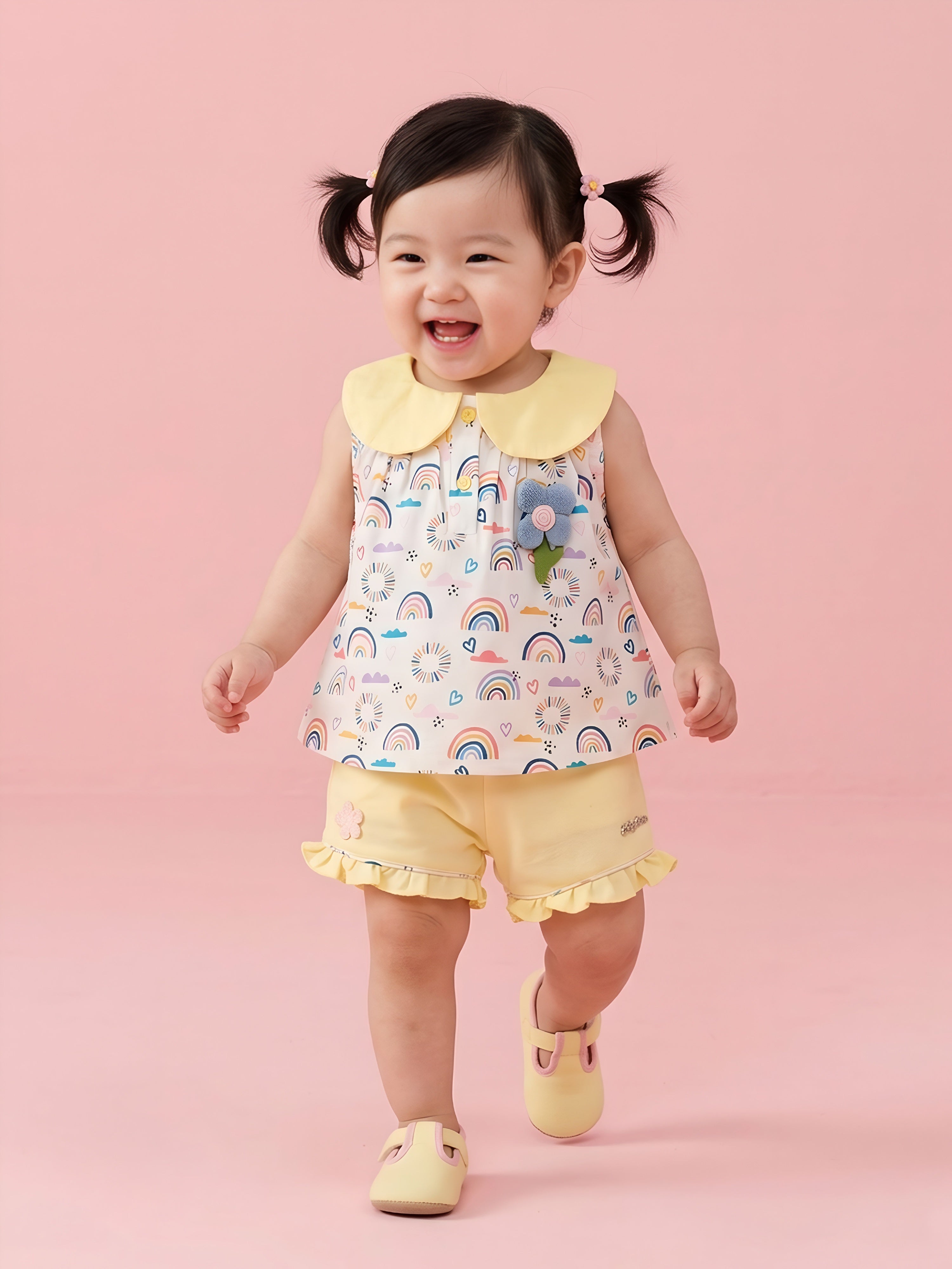 Baby Girls Rainbow Printed Top with Ruffle Shorts Set