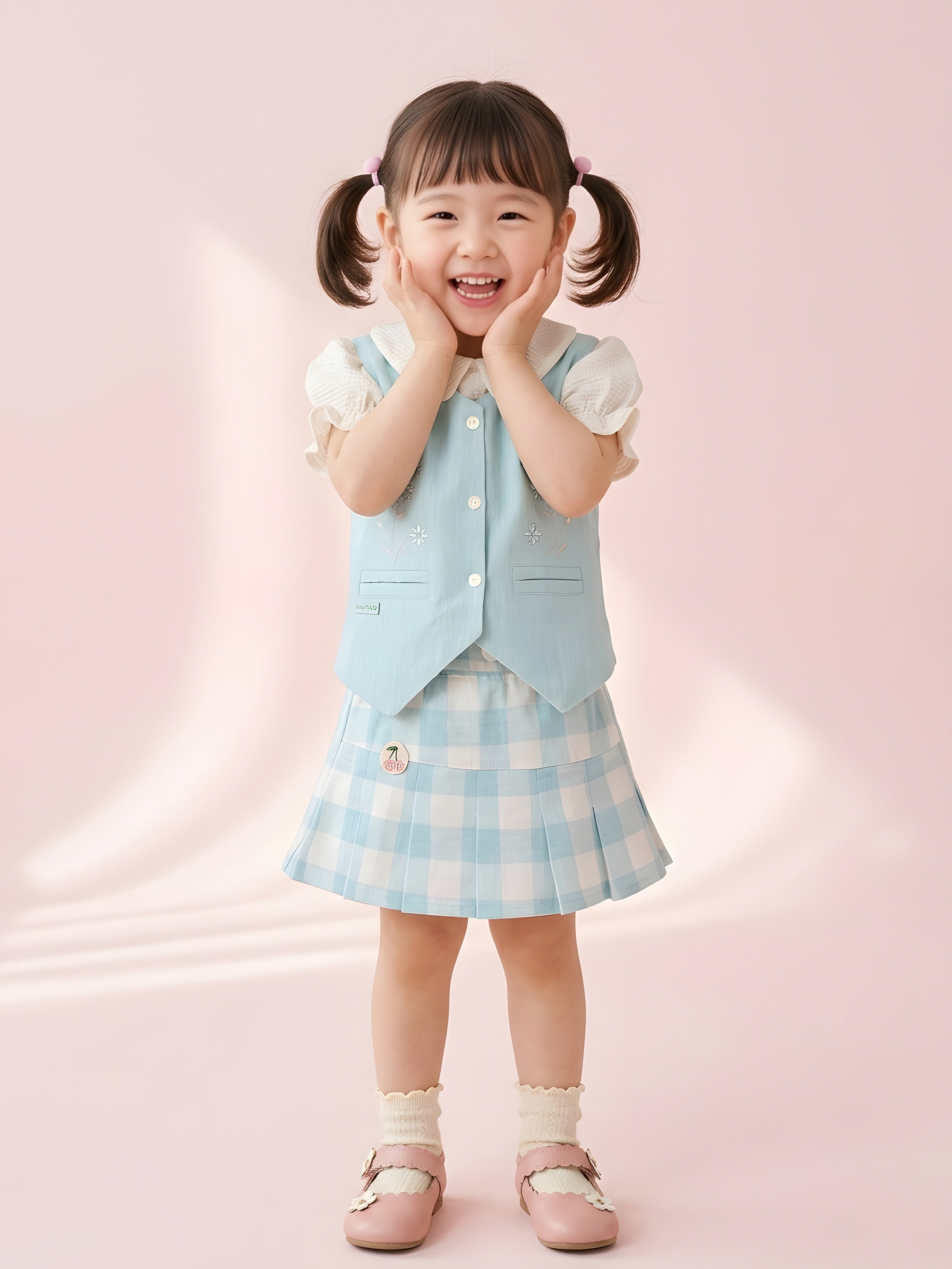 Girls Vest & Checkered Skirt Set with Top