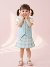 Girls Vest & Checkered Skirt Set with Top