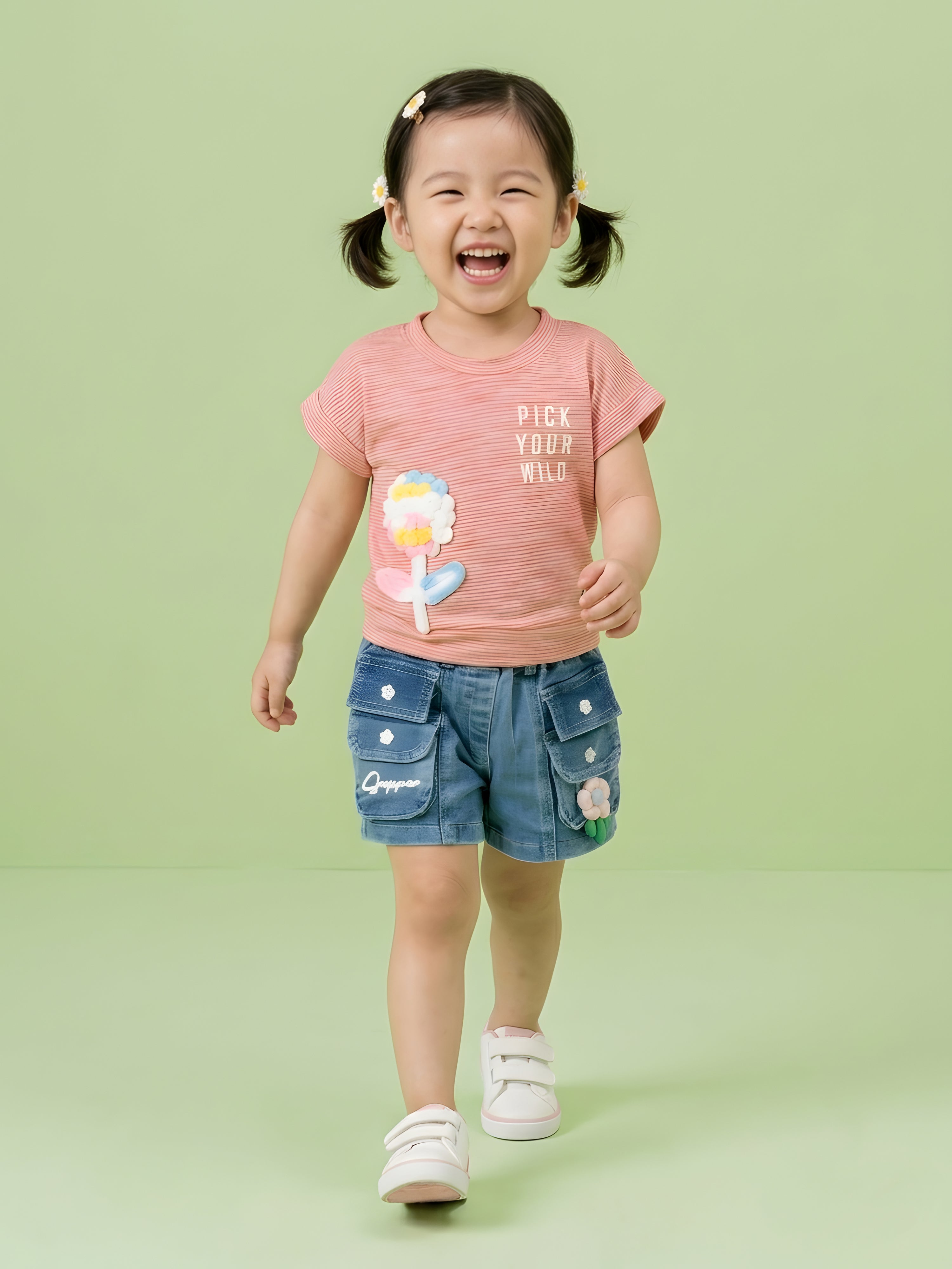Girls Top with Denim Shorts Clothing Set