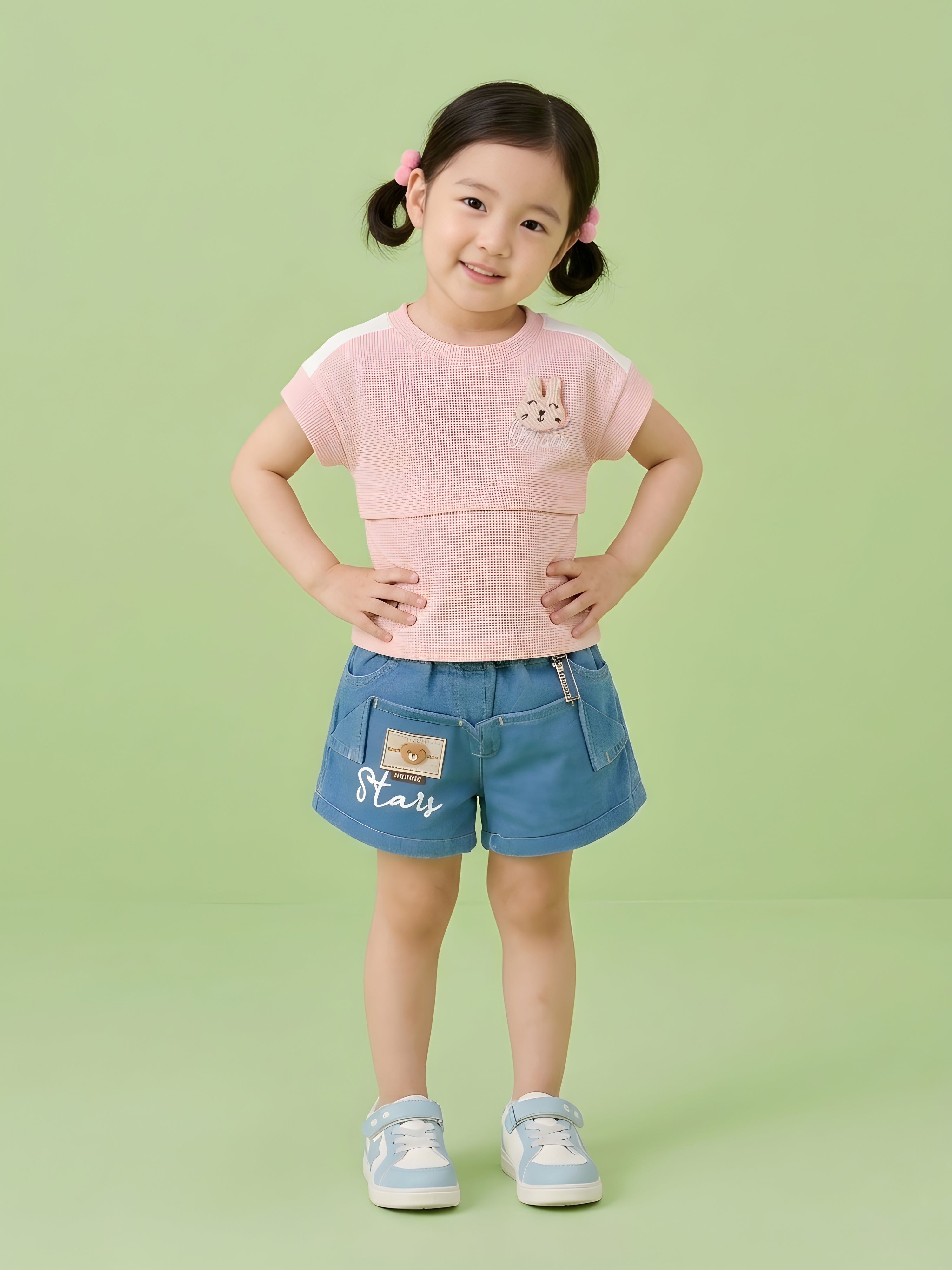 Girls Bunny Print Top with Denim Shorts Clothing Set