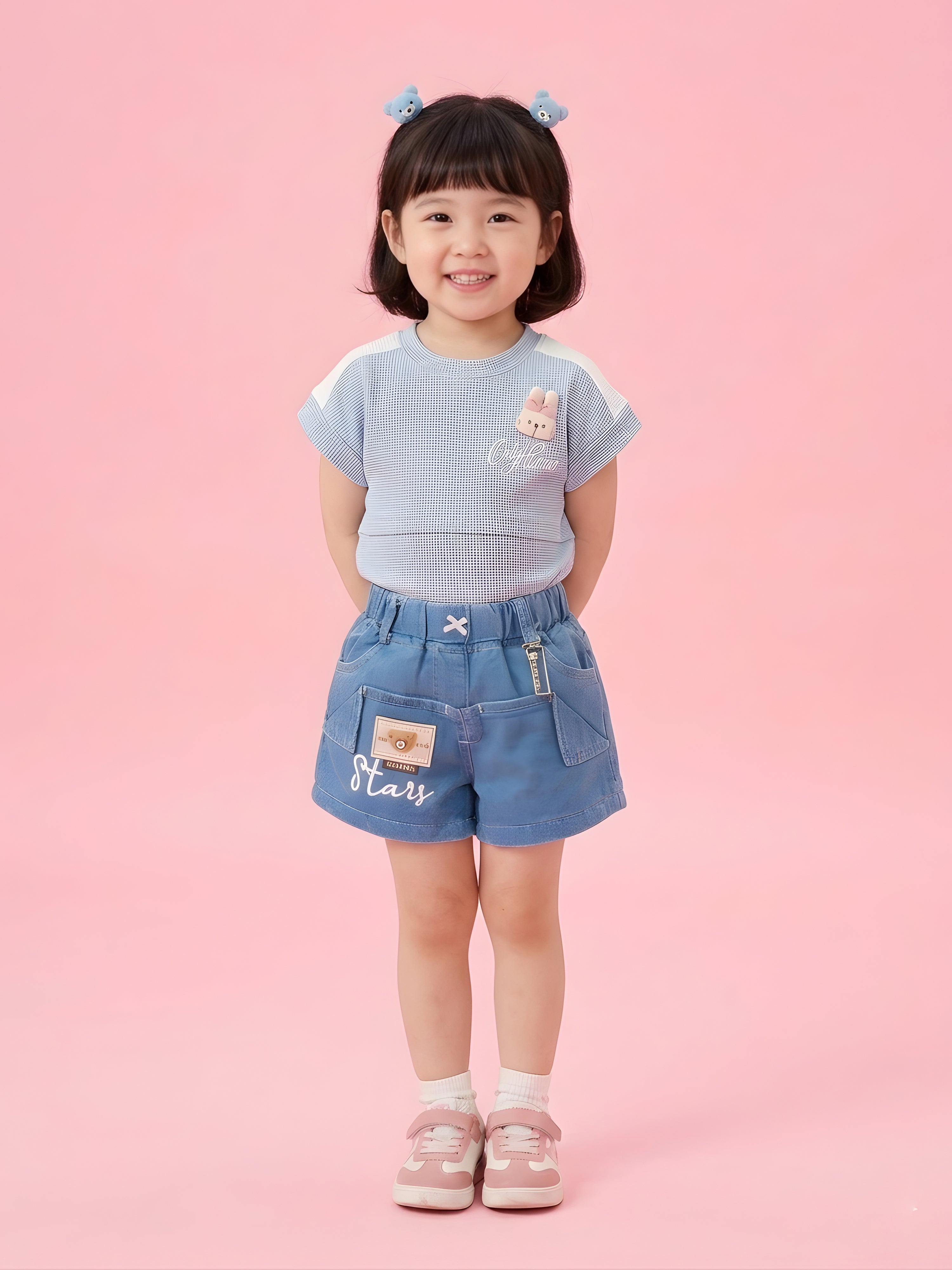 Girls Bunny Print Top with Denim Shorts Clothing Set