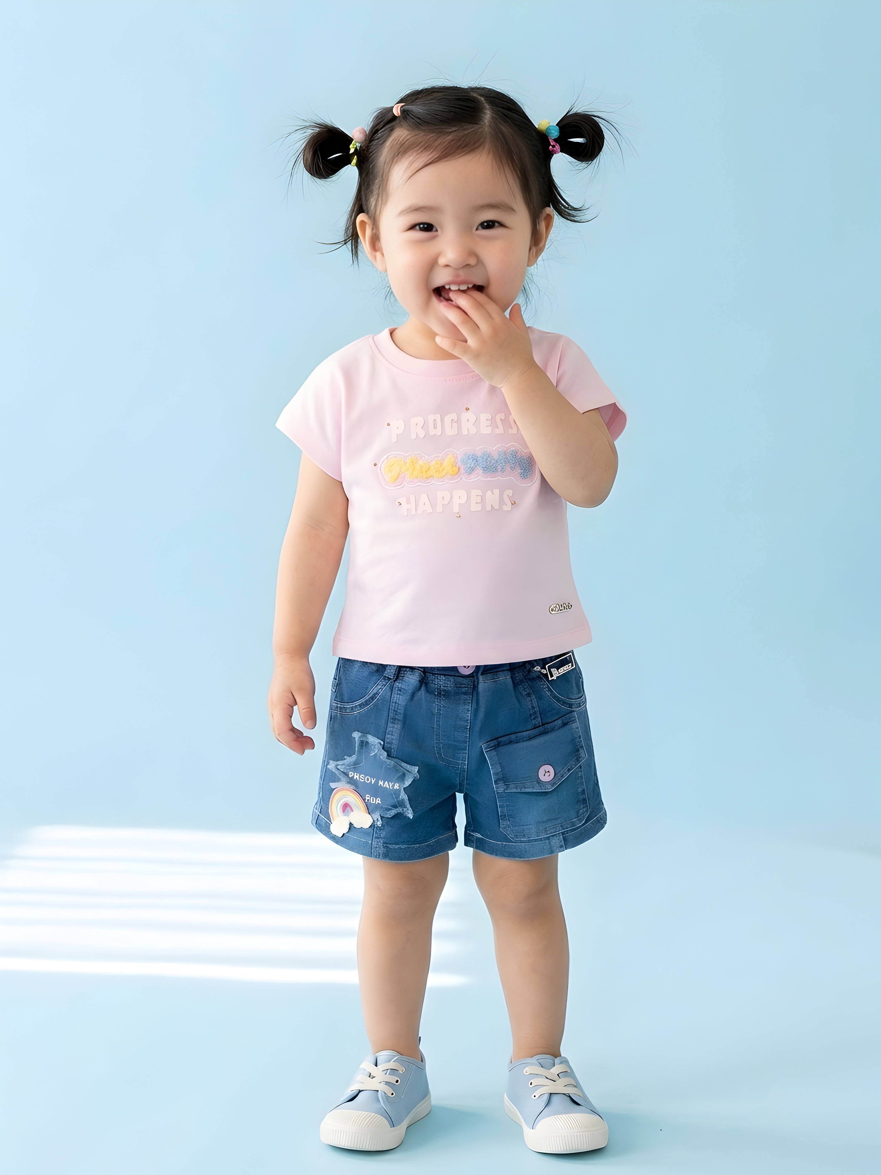 Girls Flower Applique T-Shirt & Denim Shorts Set